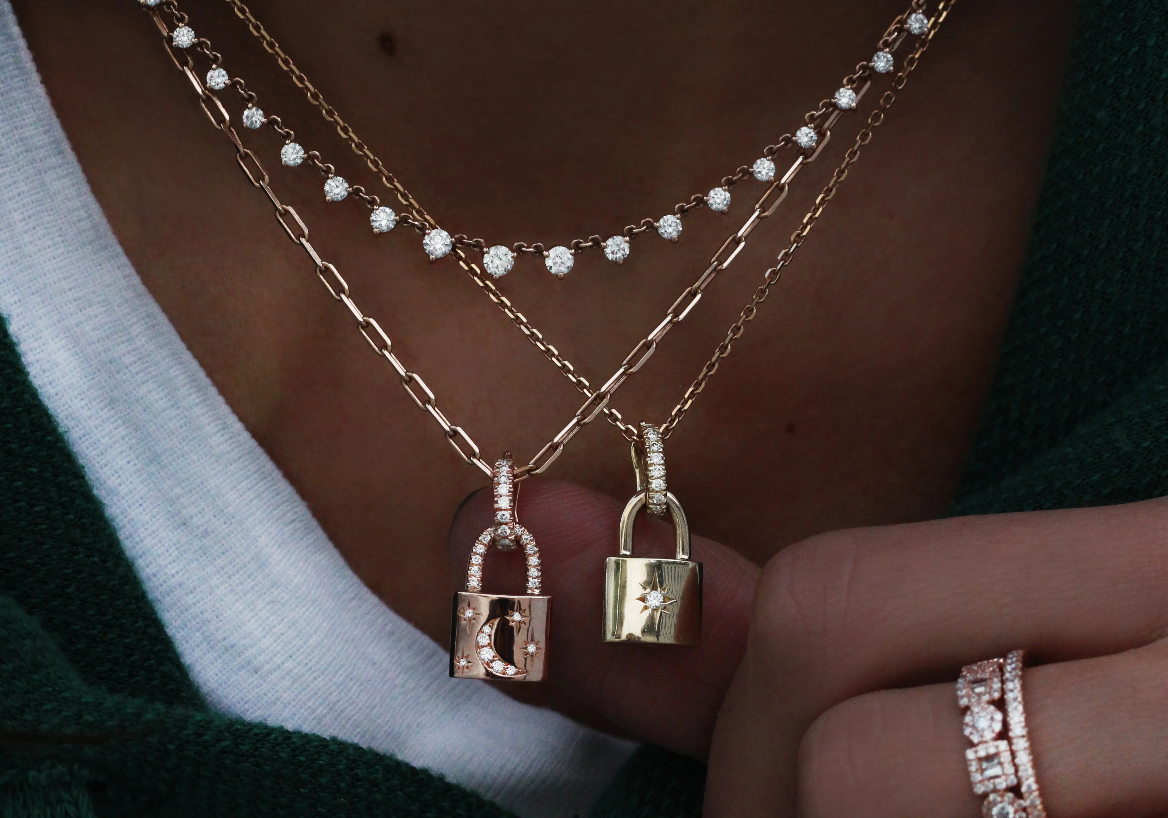 14kt gold and diamond crescent starburst lock necklace - Image 4