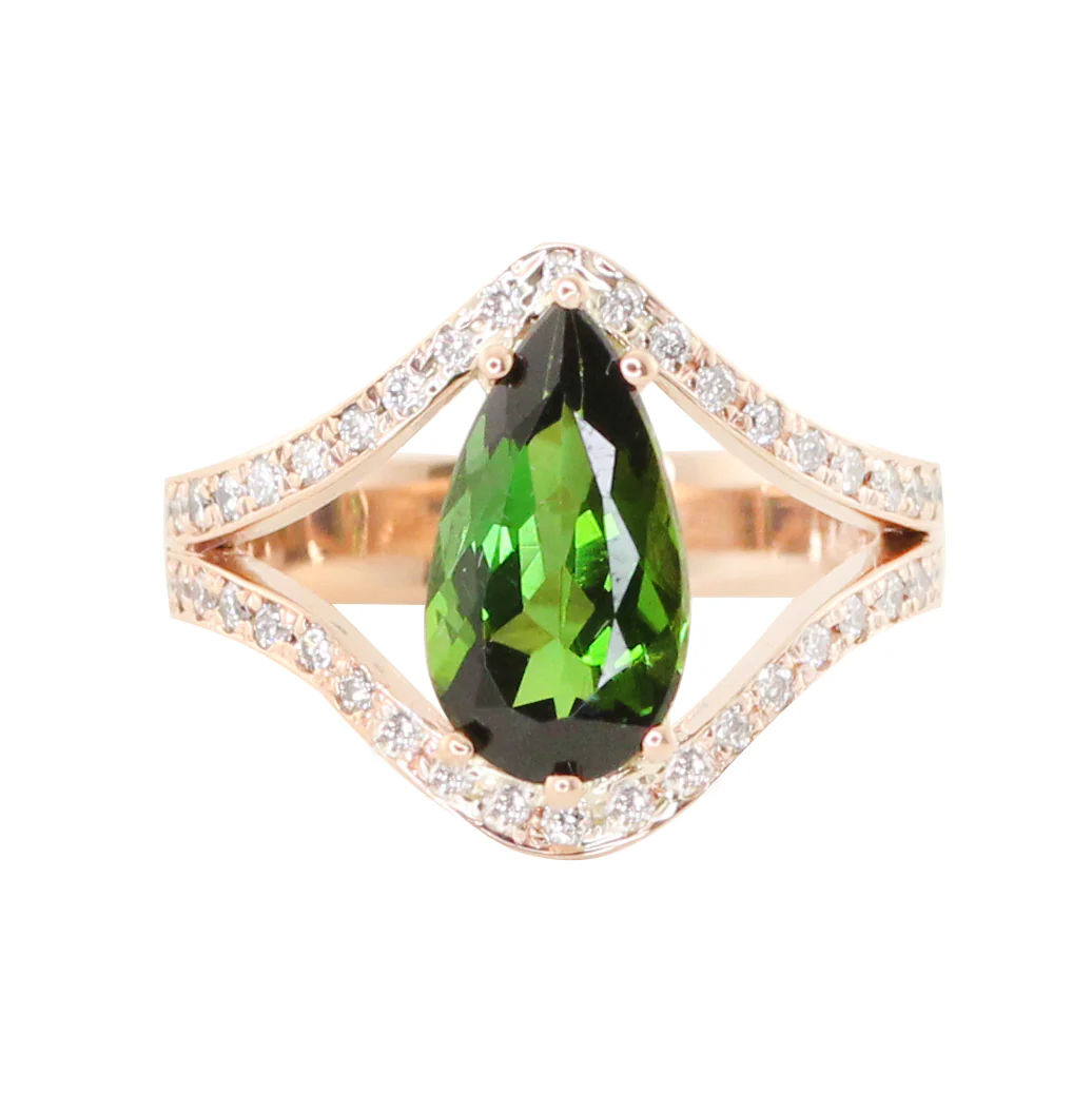 14kt gold and diamond curved double band chrome green tourmaline ring