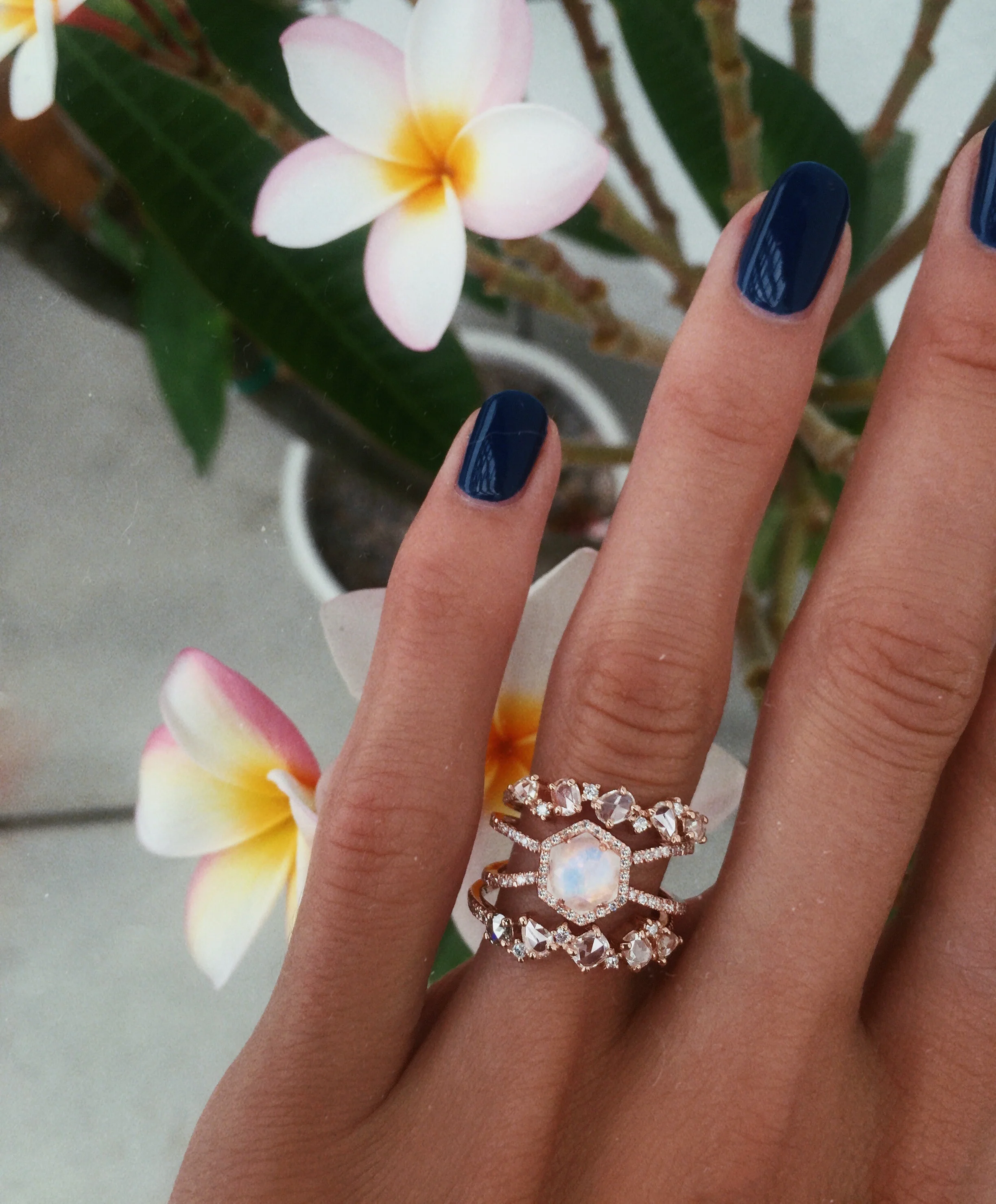 14kt gold and diamond Double Band Moonstone Hex ring - Image 3