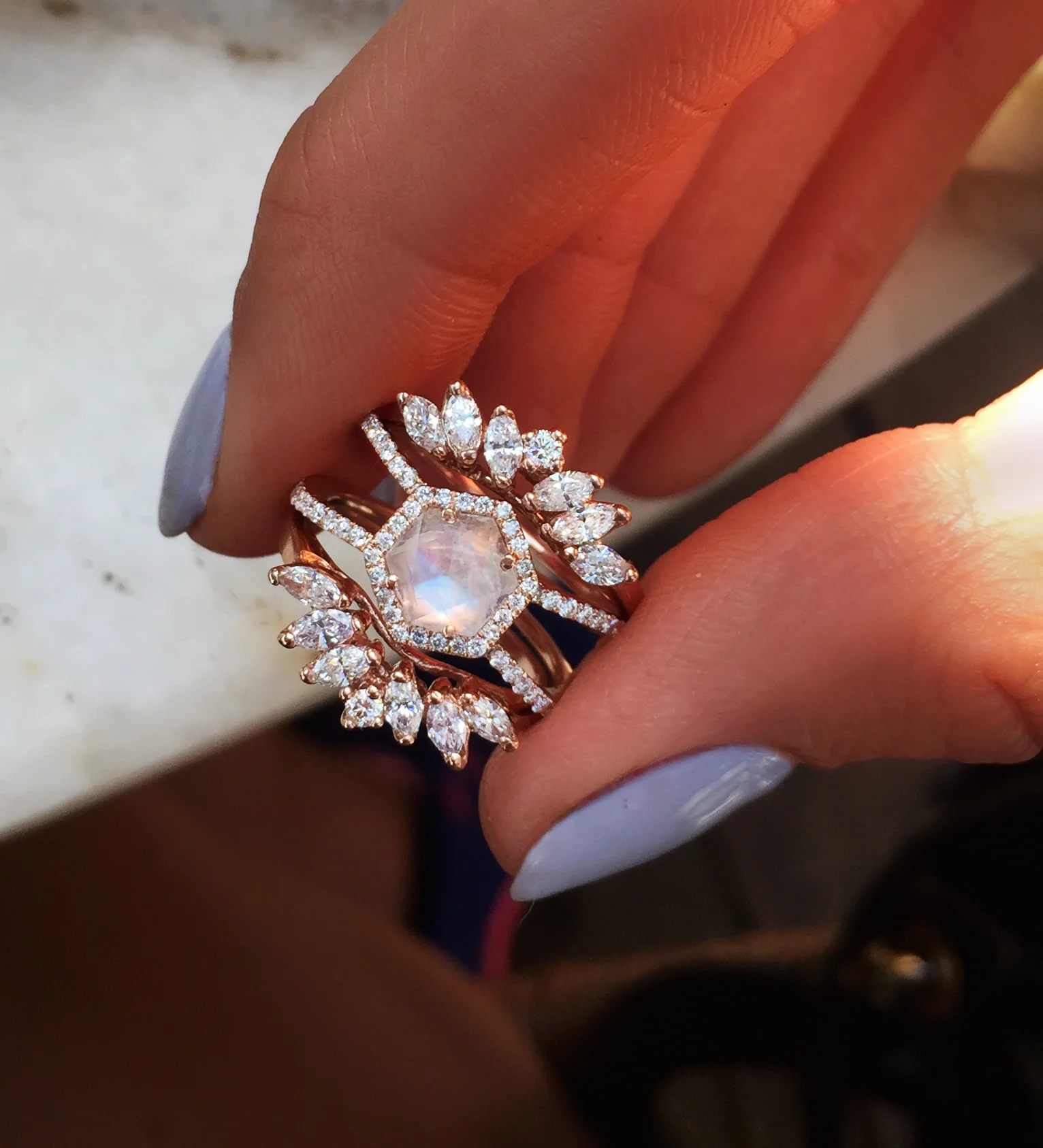 14kt gold and diamond Double Band Moonstone Hex ring - Image 4
