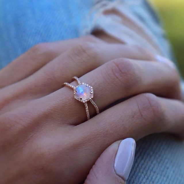 14kt gold and diamond Double Band Moonstone Hex ring - Image 5