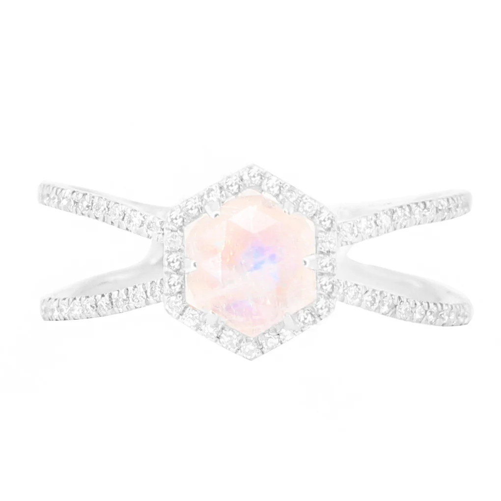 14kt gold and diamond Double Band Moonstone Hex ring - Image 6