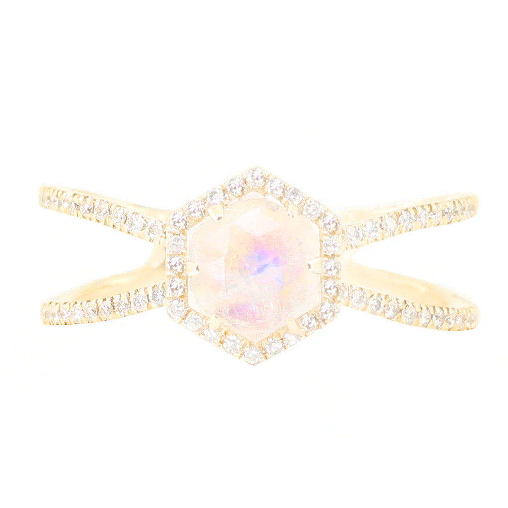 14kt gold and diamond Double Band Moonstone Hex ring - Image 7