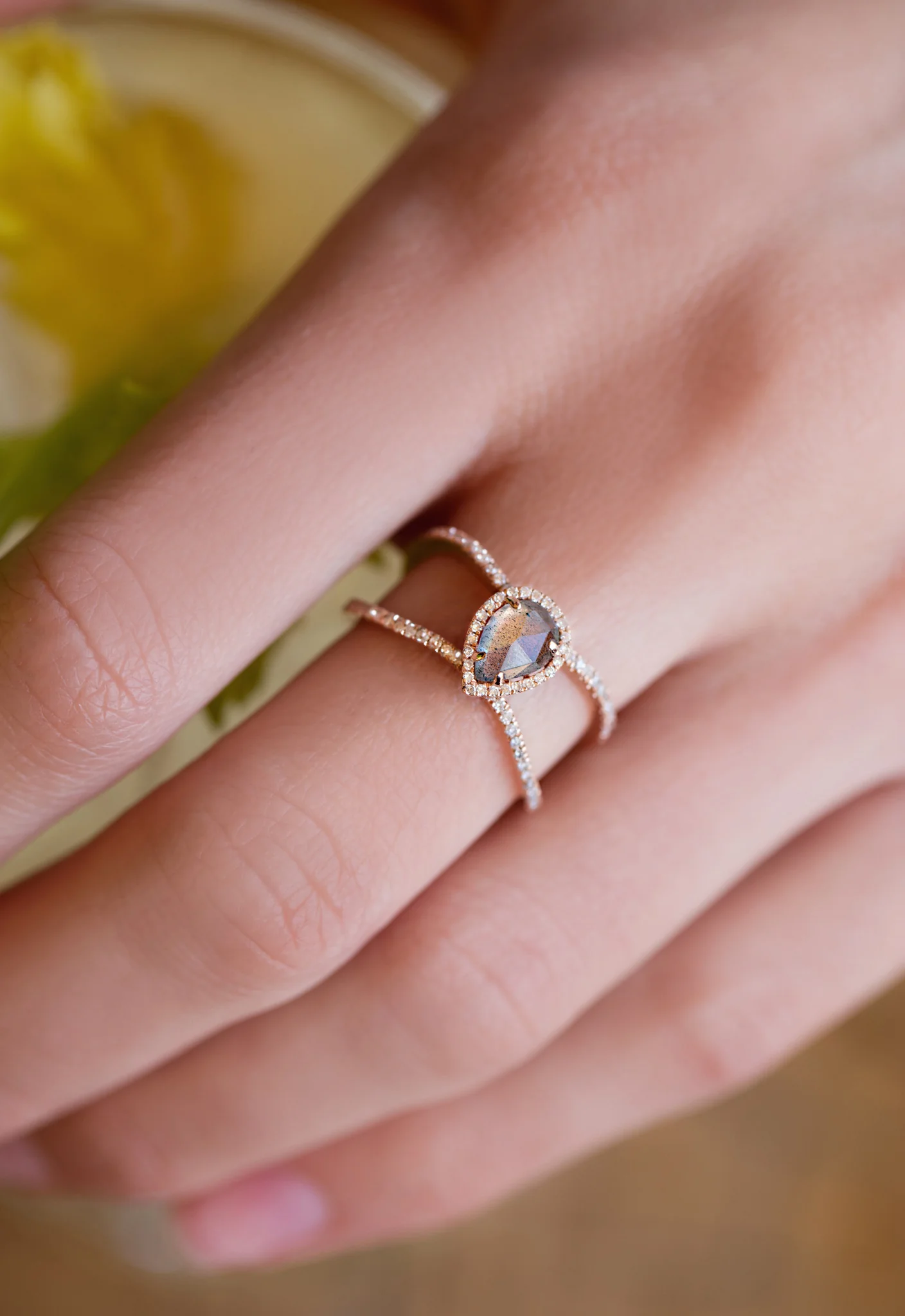 14kt gold and diamond Double Band Teardrop Labradorite ring - Image 3
