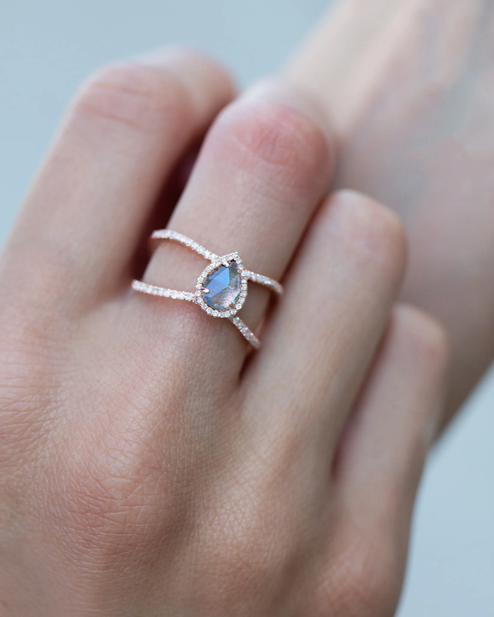 14kt gold and diamond Double Band Teardrop Labradorite ring - Image 5