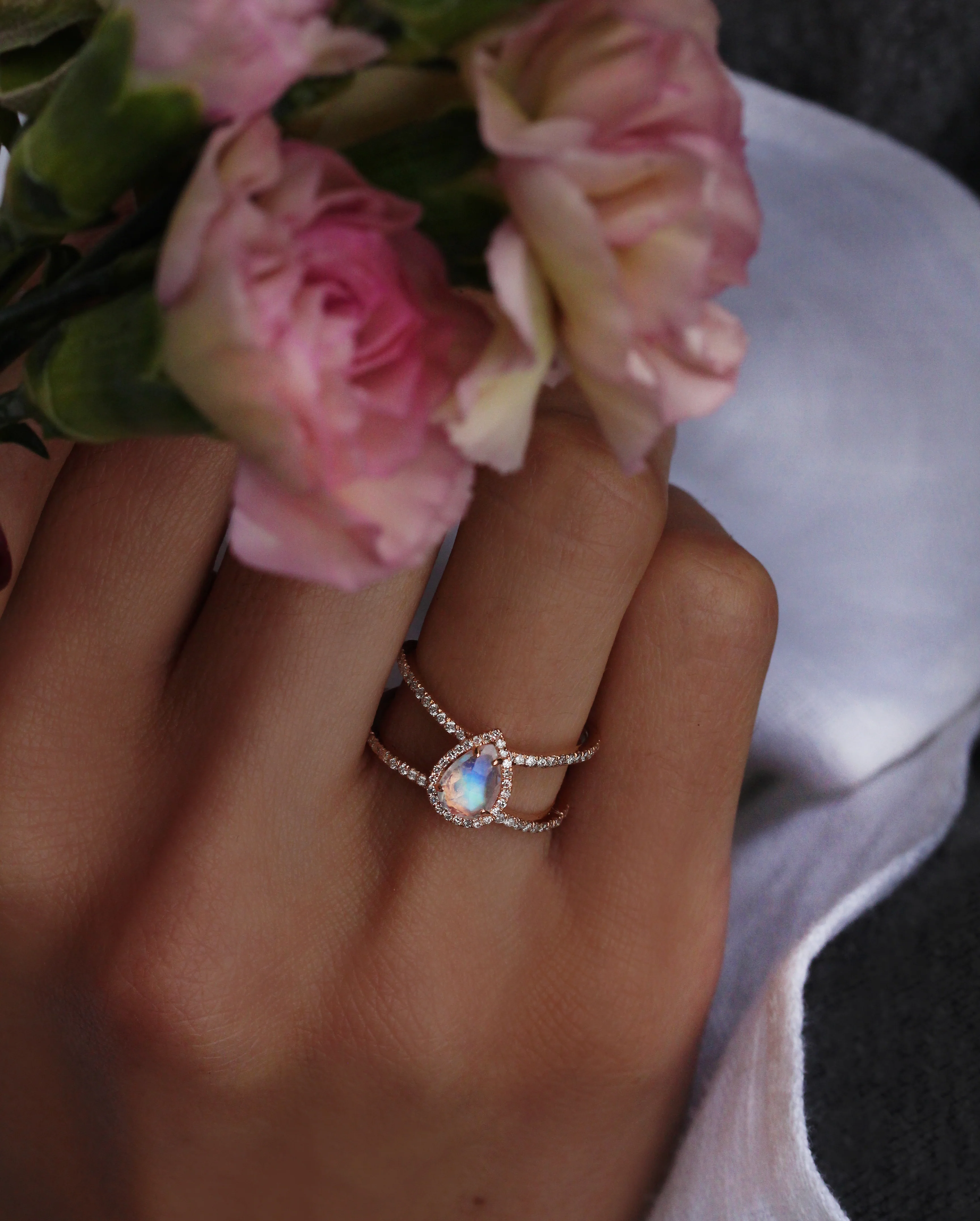 14kt gold and diamond Double Band Teardrop Moonstone ring - Image 3