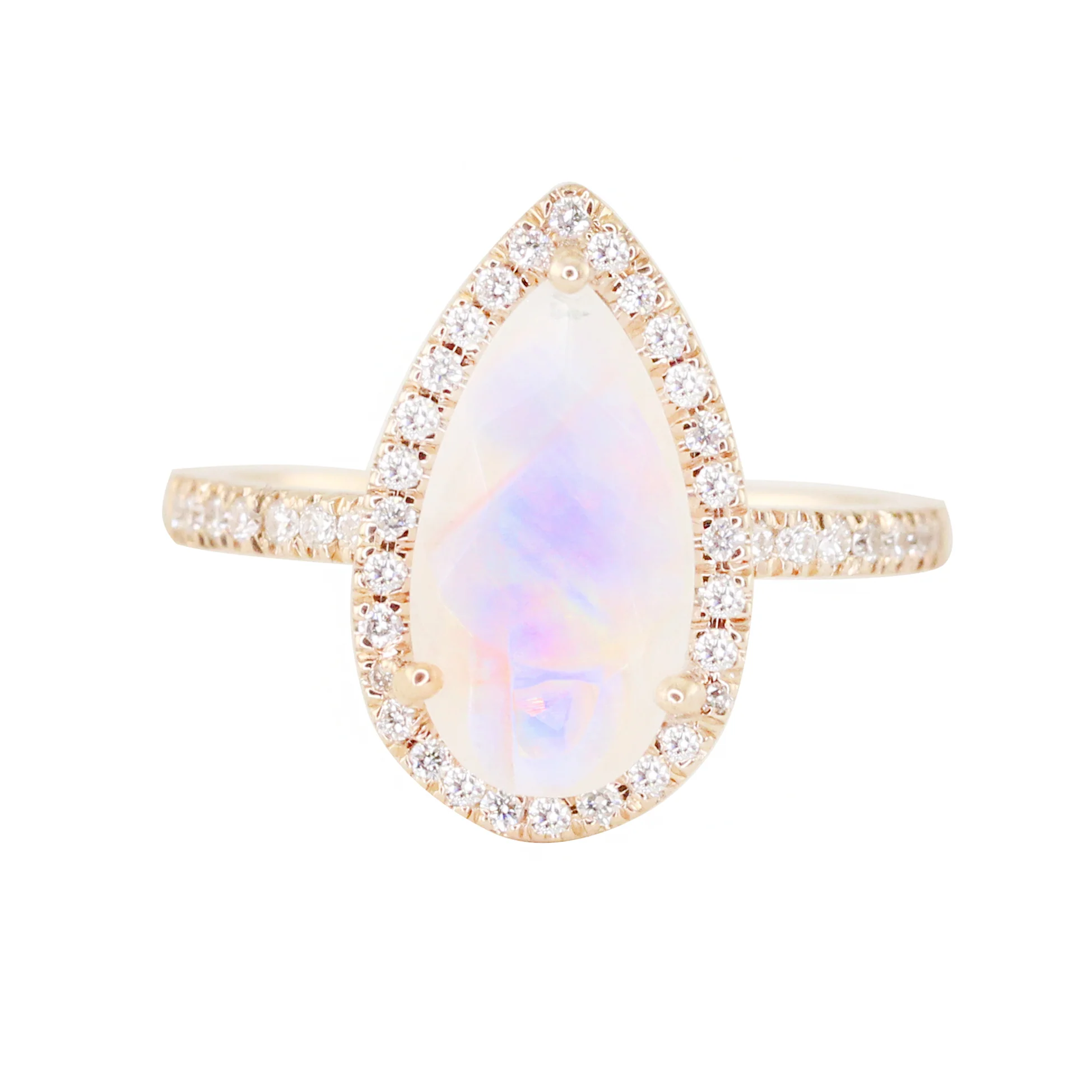 14kt gold and diamond elongated teardrop moonstone ring