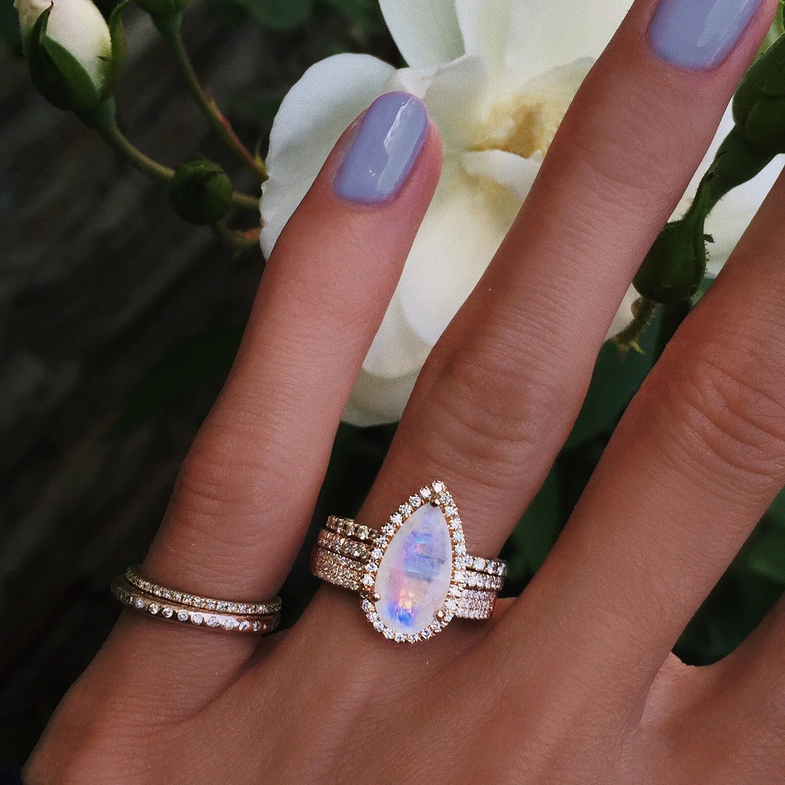 14kt gold and diamond elongated teardrop moonstone ring - Image 2