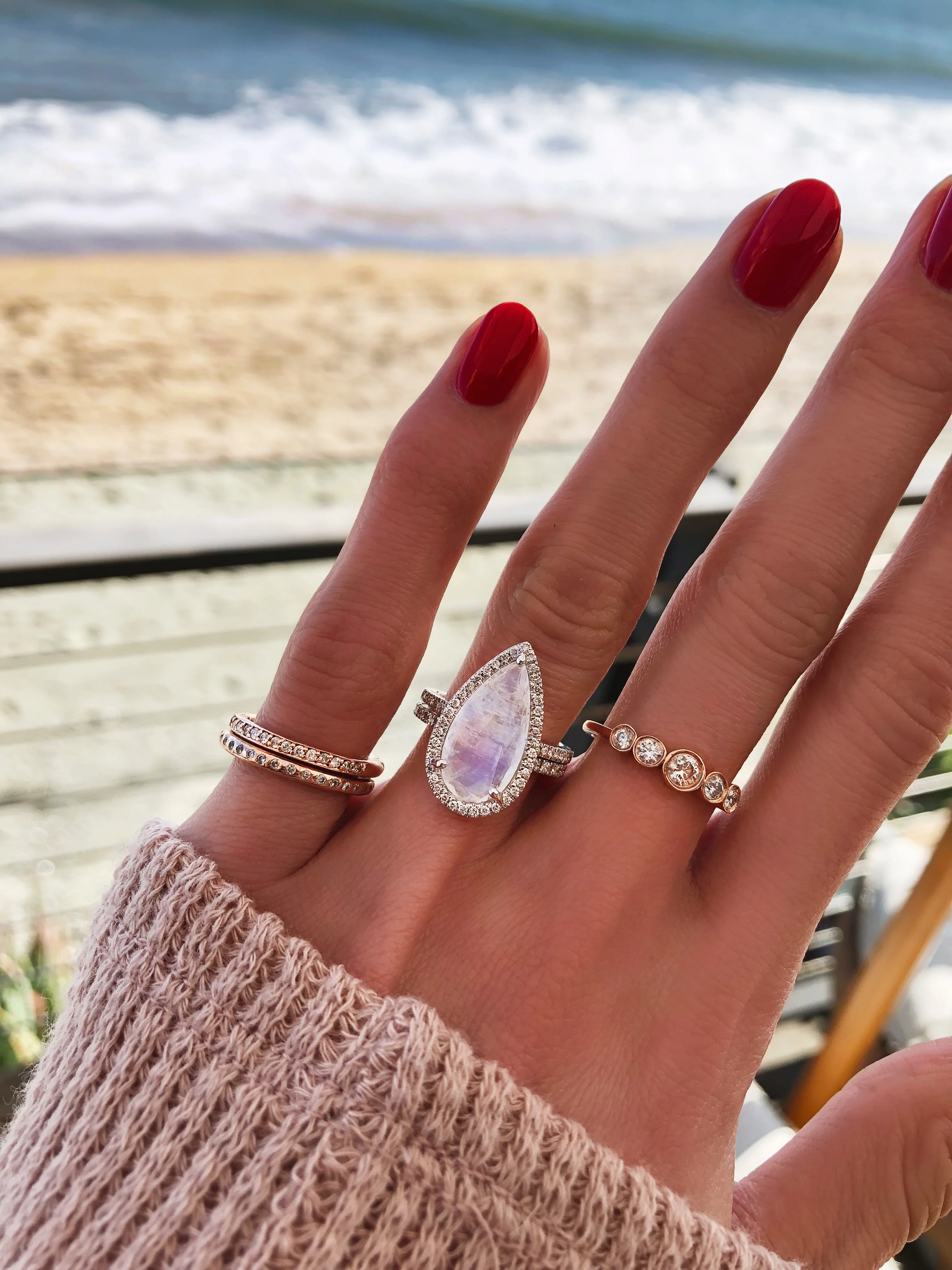 14kt gold and diamond elongated teardrop moonstone ring - Image 3