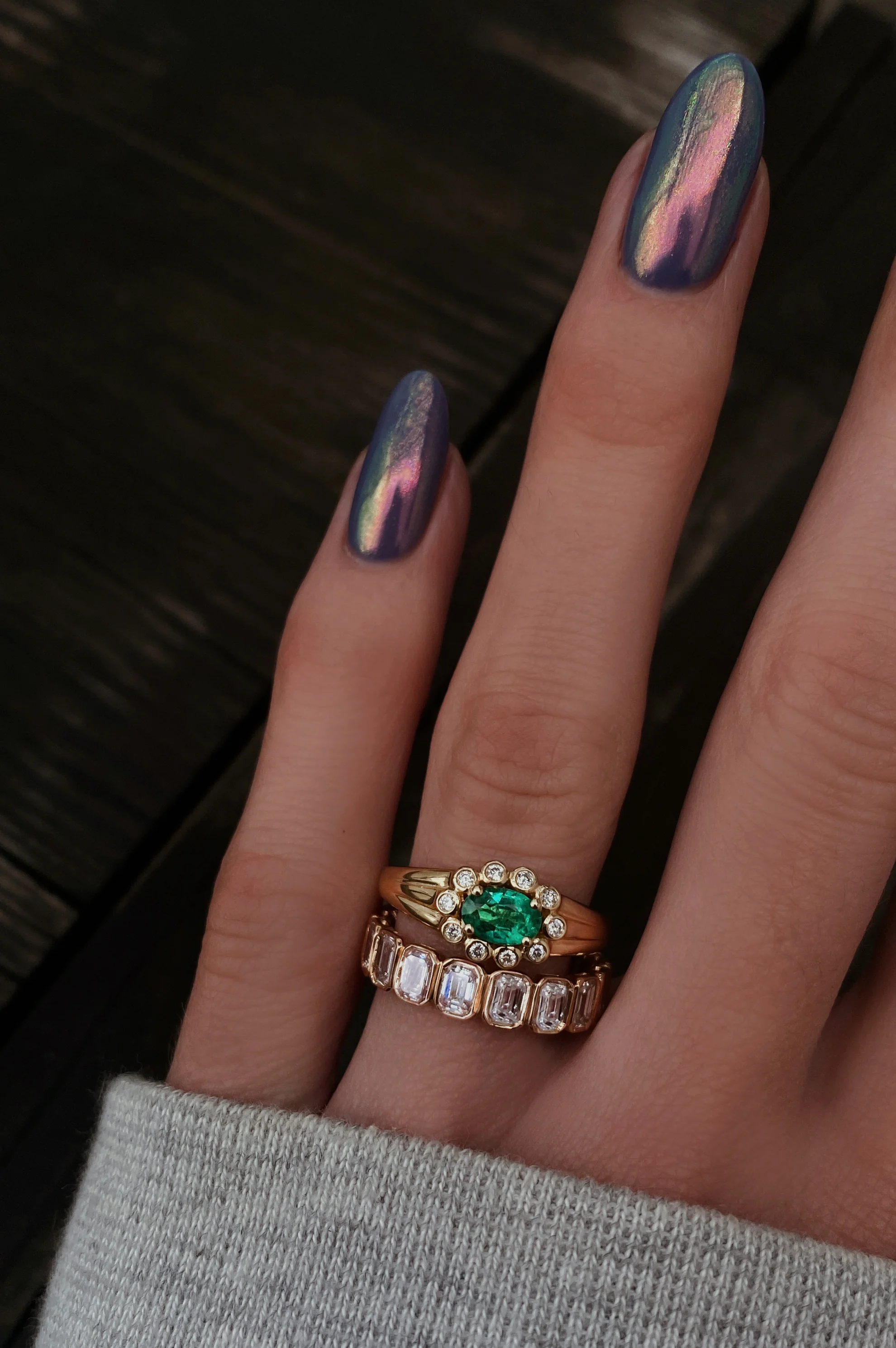 14kt gold and diamond emerald bezel baby burst ring - Image 3