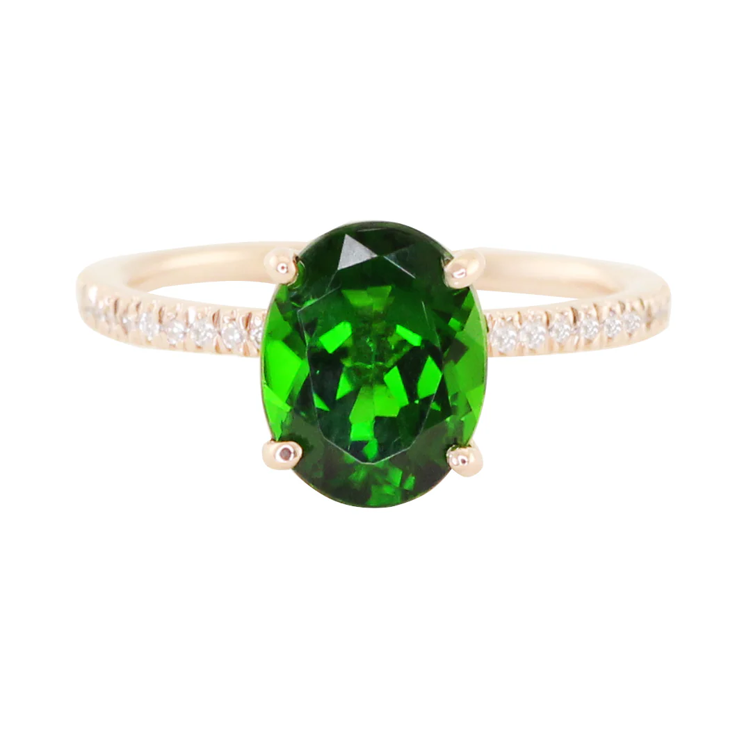 14kt gold and diamond chrome green tourmaline solitaire eternity ring