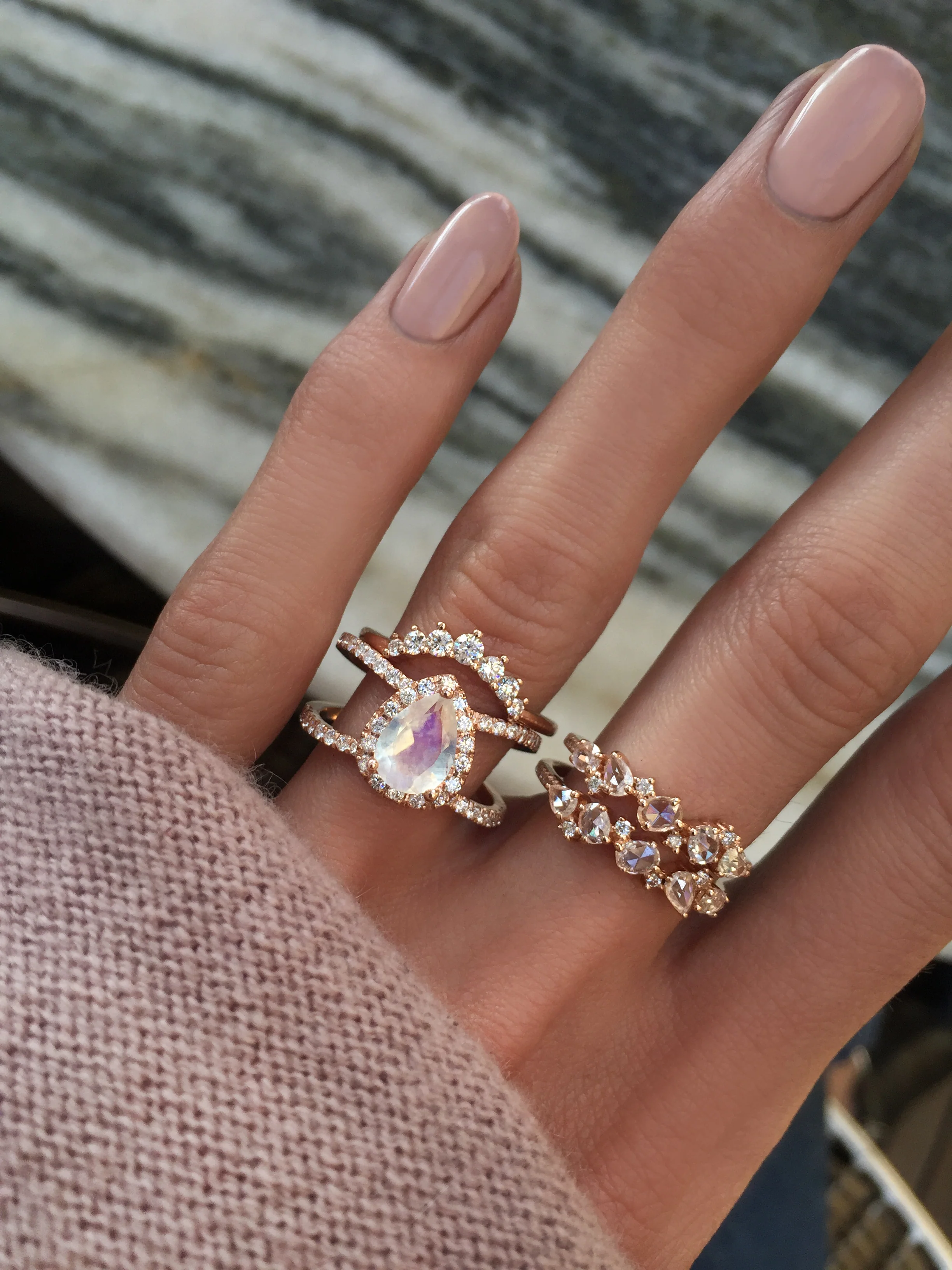 14kt gold and diamond large Double Band Teardrop Moonstone ring - Image 2