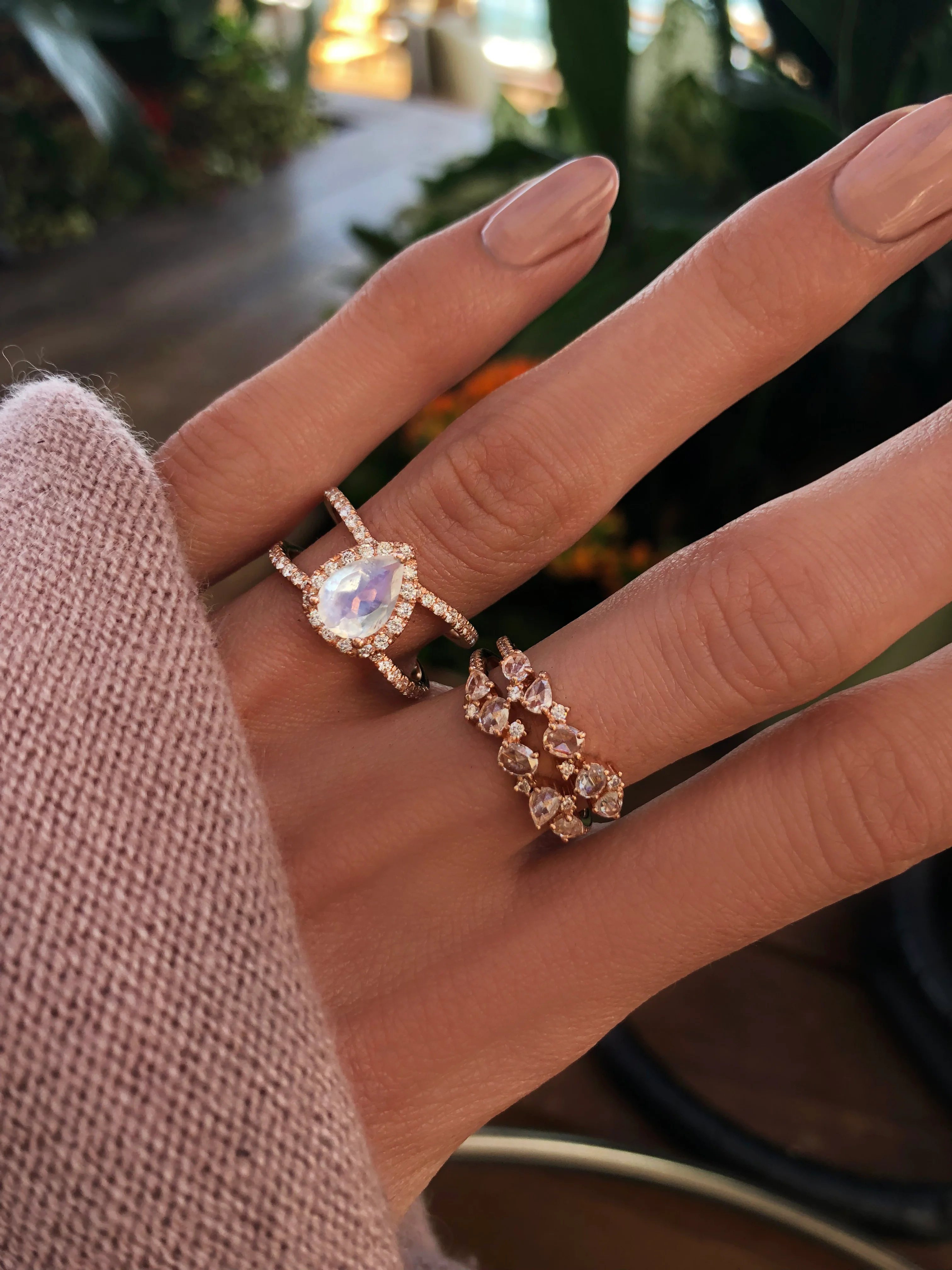 14kt gold and diamond large Double Band Teardrop Moonstone ring - Image 3