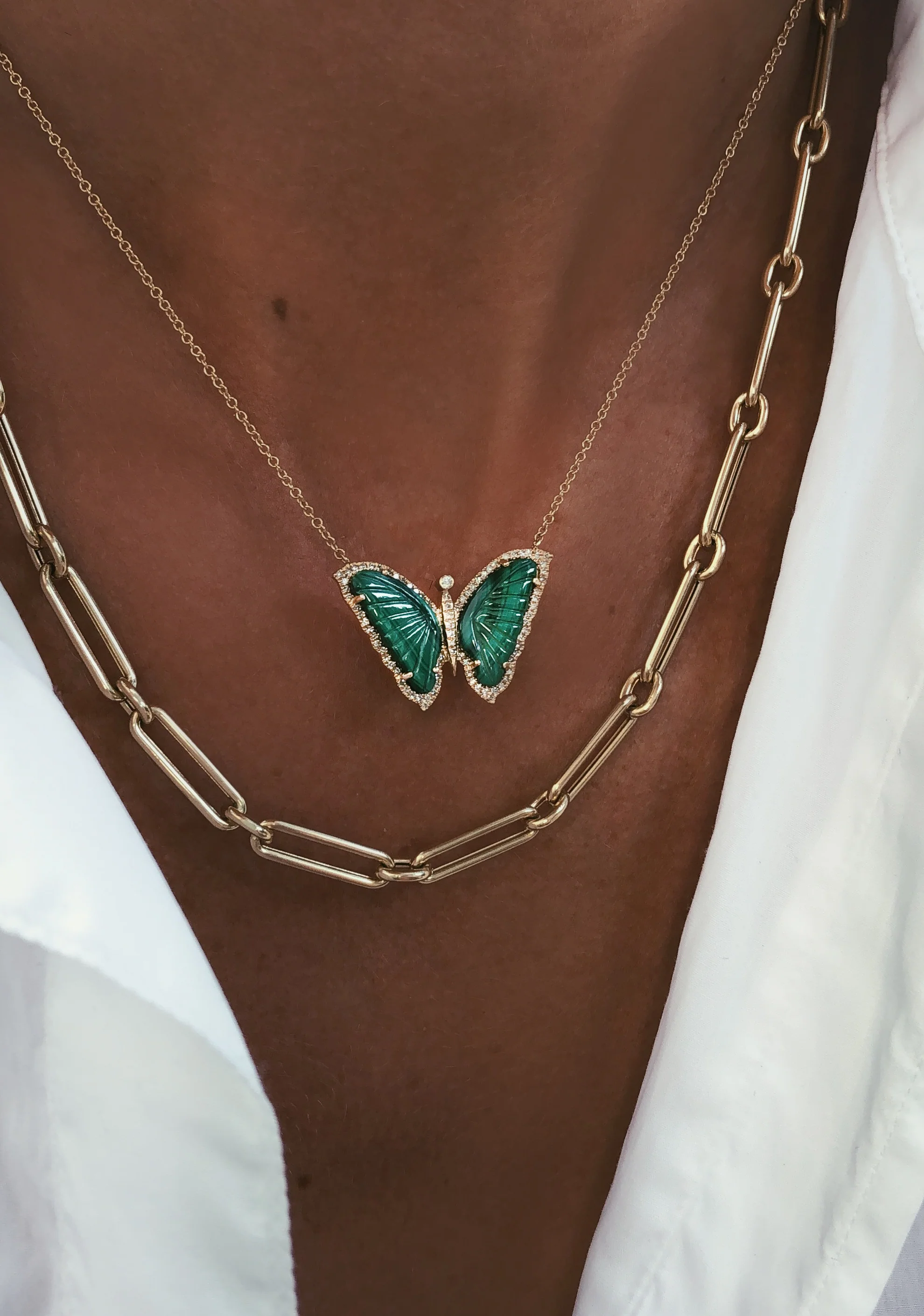 14kt gold and diamond malachite baby butterfly necklace - Image 3