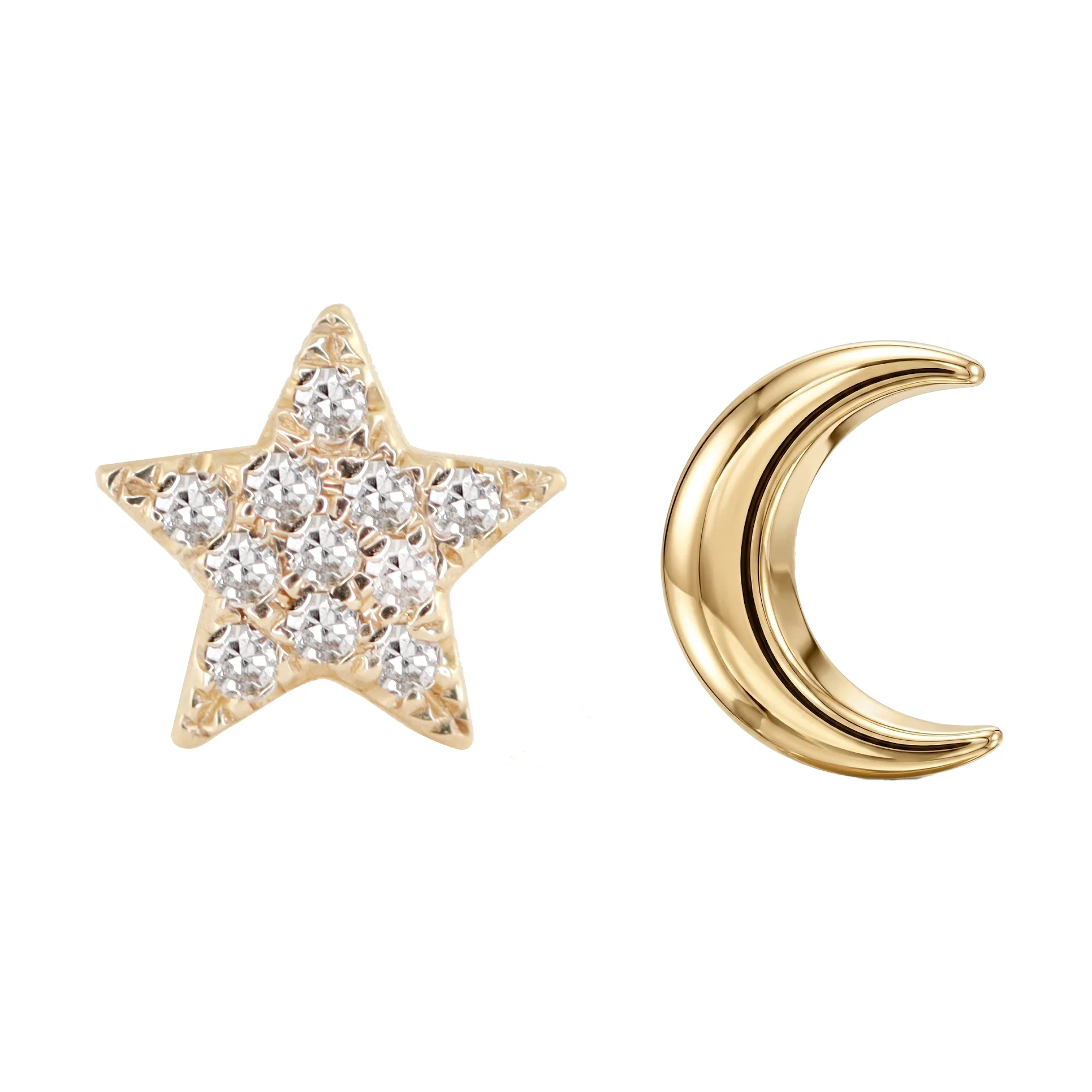 14kt gold and diamond mini star and moon studs