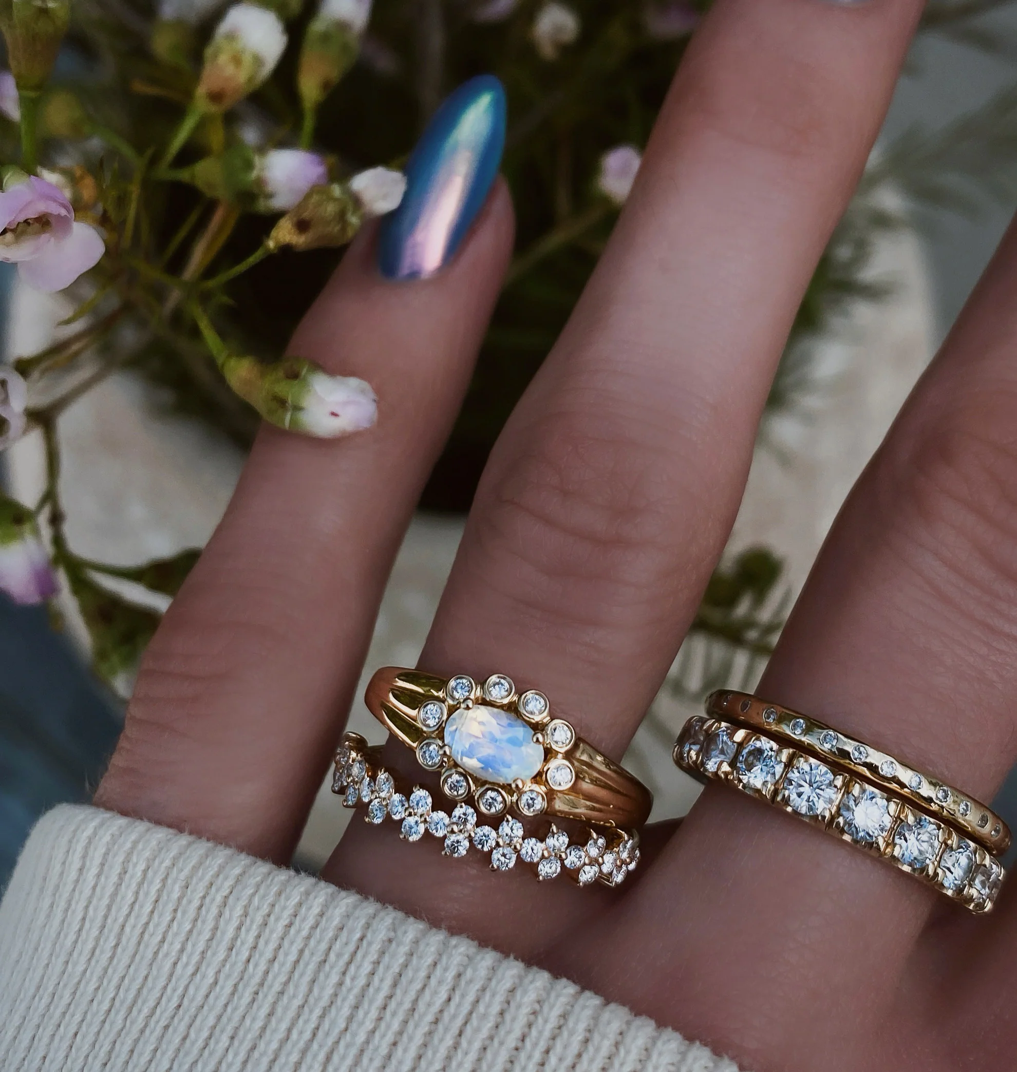 14kt gold and diamond moonstone bezel baby burst ring - Image 2