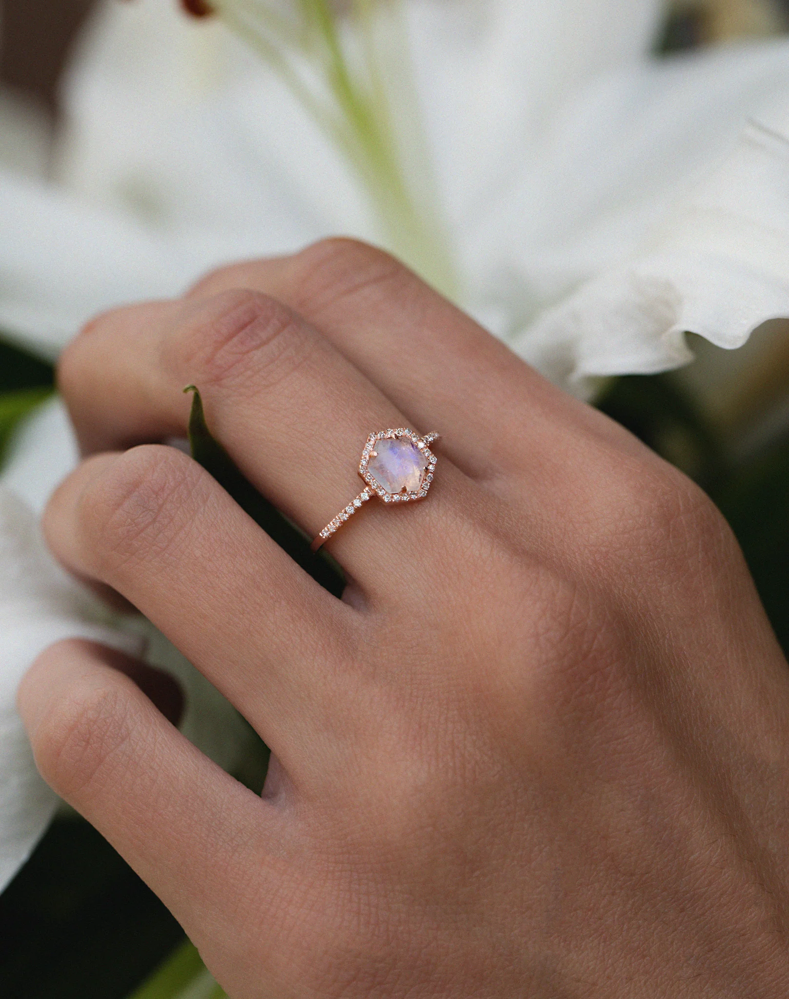 14kt gold and diamond moonstone hex ring - Image 6