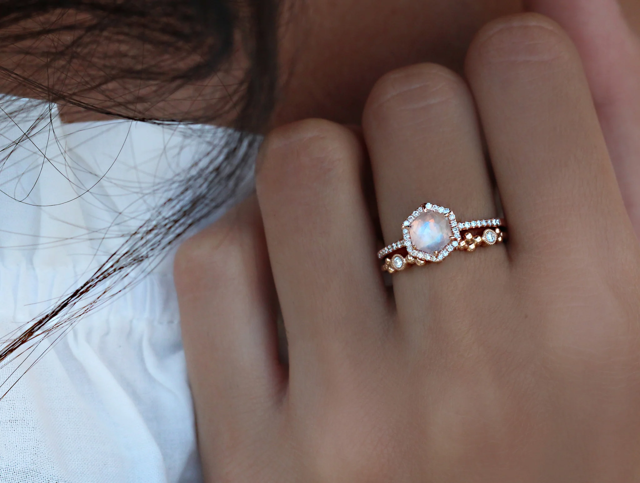 14kt gold and diamond moonstone hex ring - Image 8