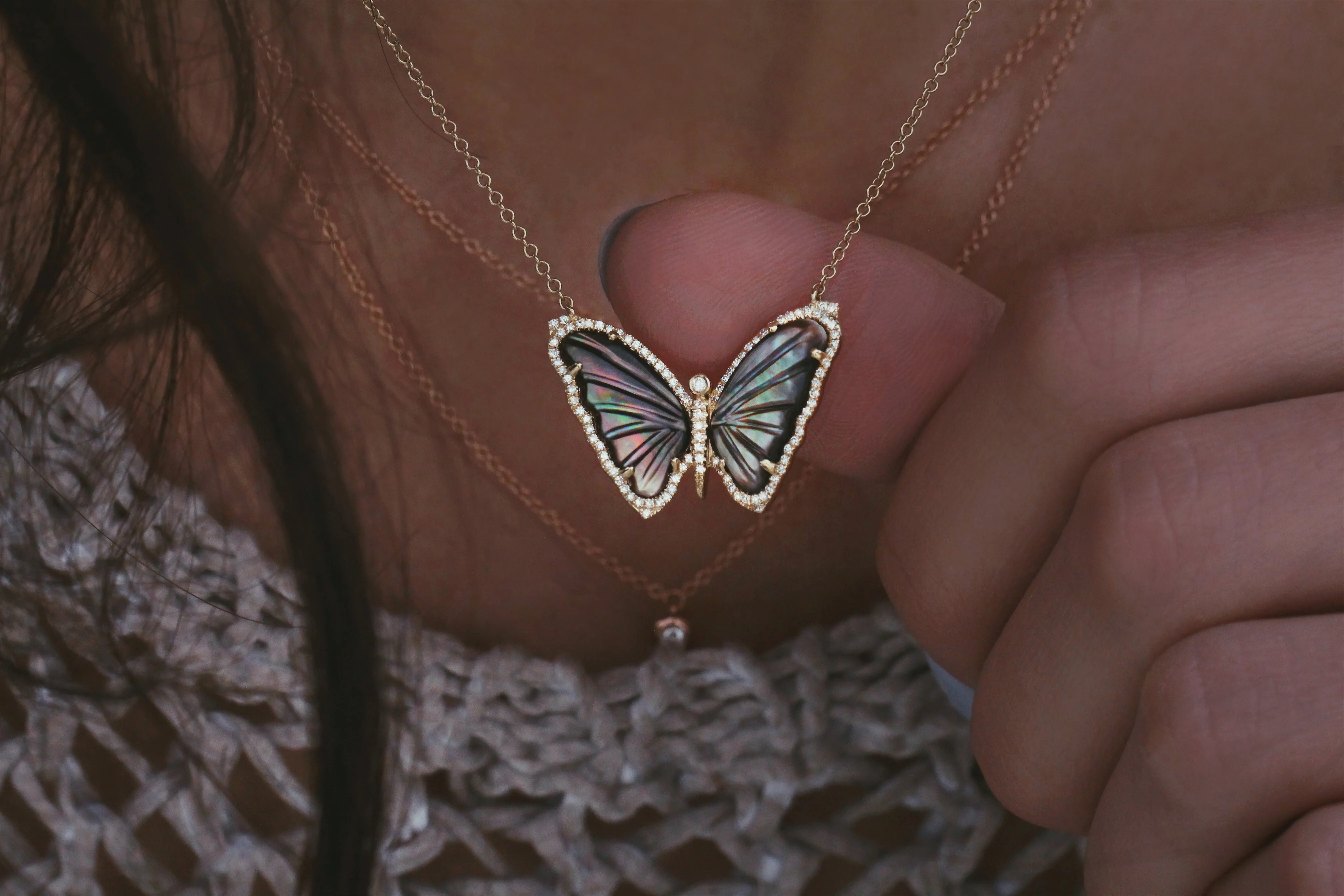 14kt gold and diamond mother of pearl baby butterfly necklace - Image 2
