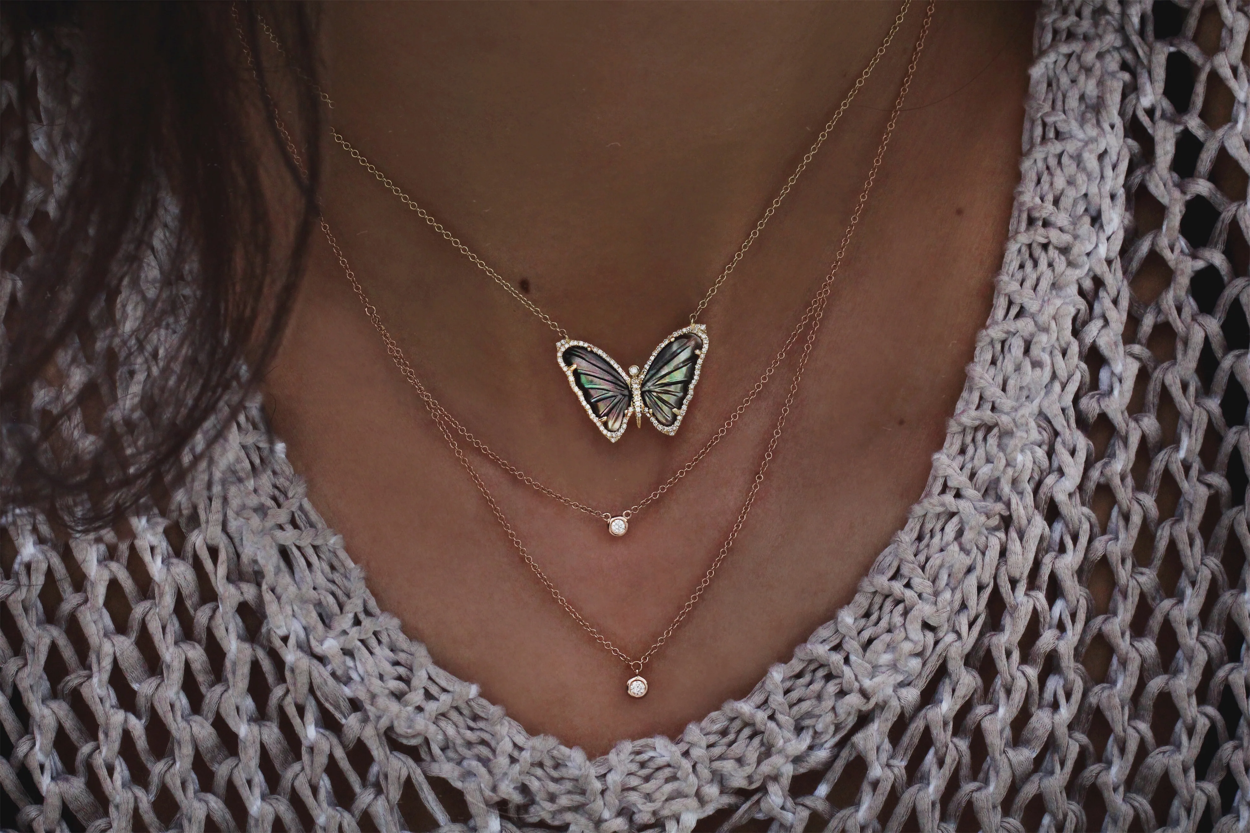 14kt gold and diamond mother of pearl baby butterfly necklace - Image 3