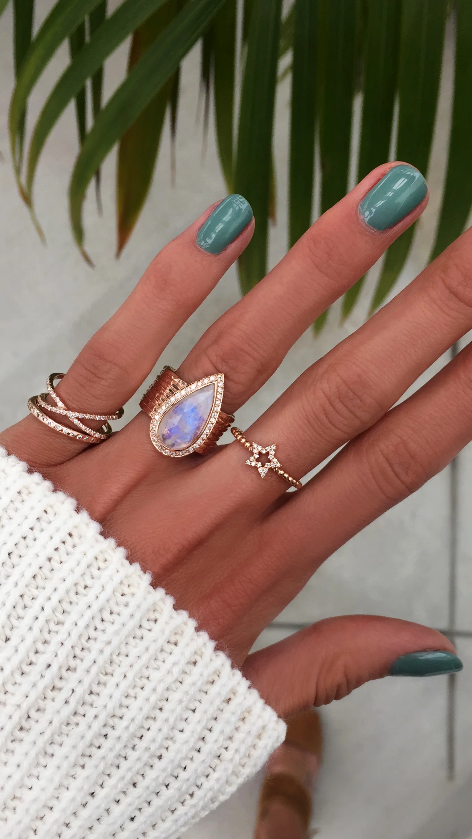 14kt gold and diamond multi hammered band teardrop moonstone ring - Image 5