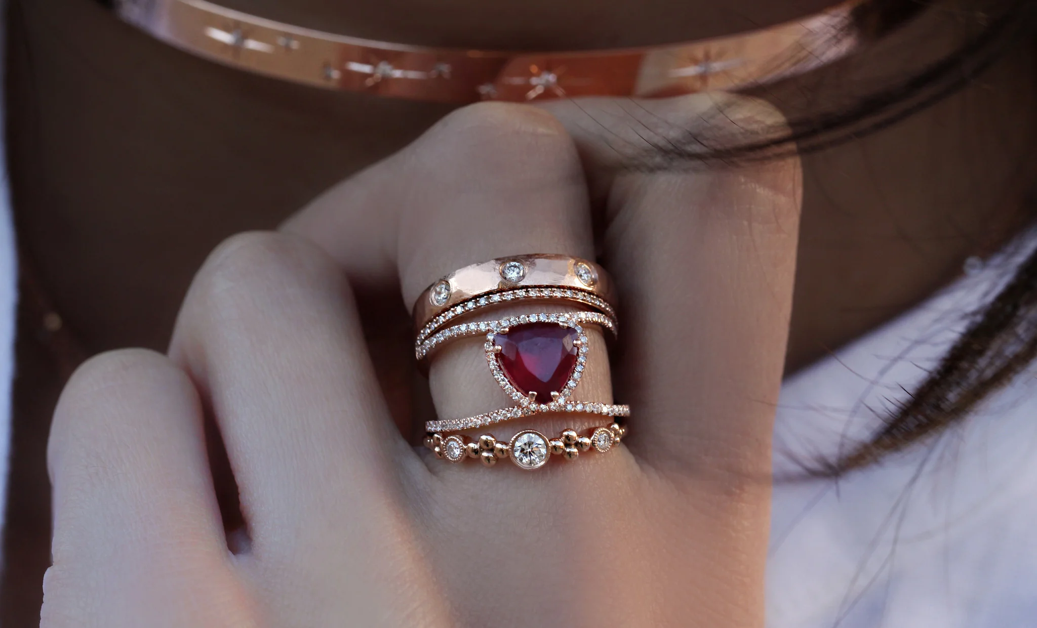 14kt gold and diamond Petite Triangle Double Band Ruby ring - Image 3