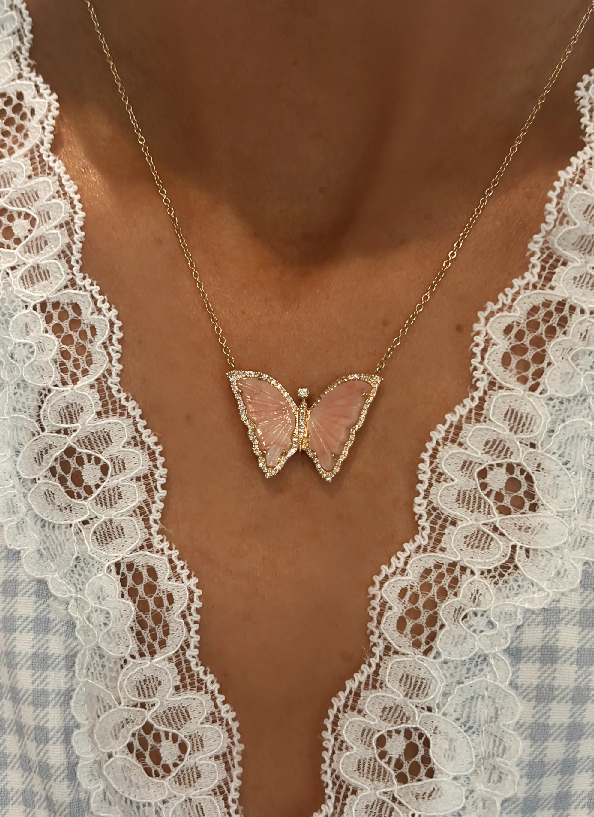 14kt gold and diamond pink opal baby butterfly necklace - Image 3