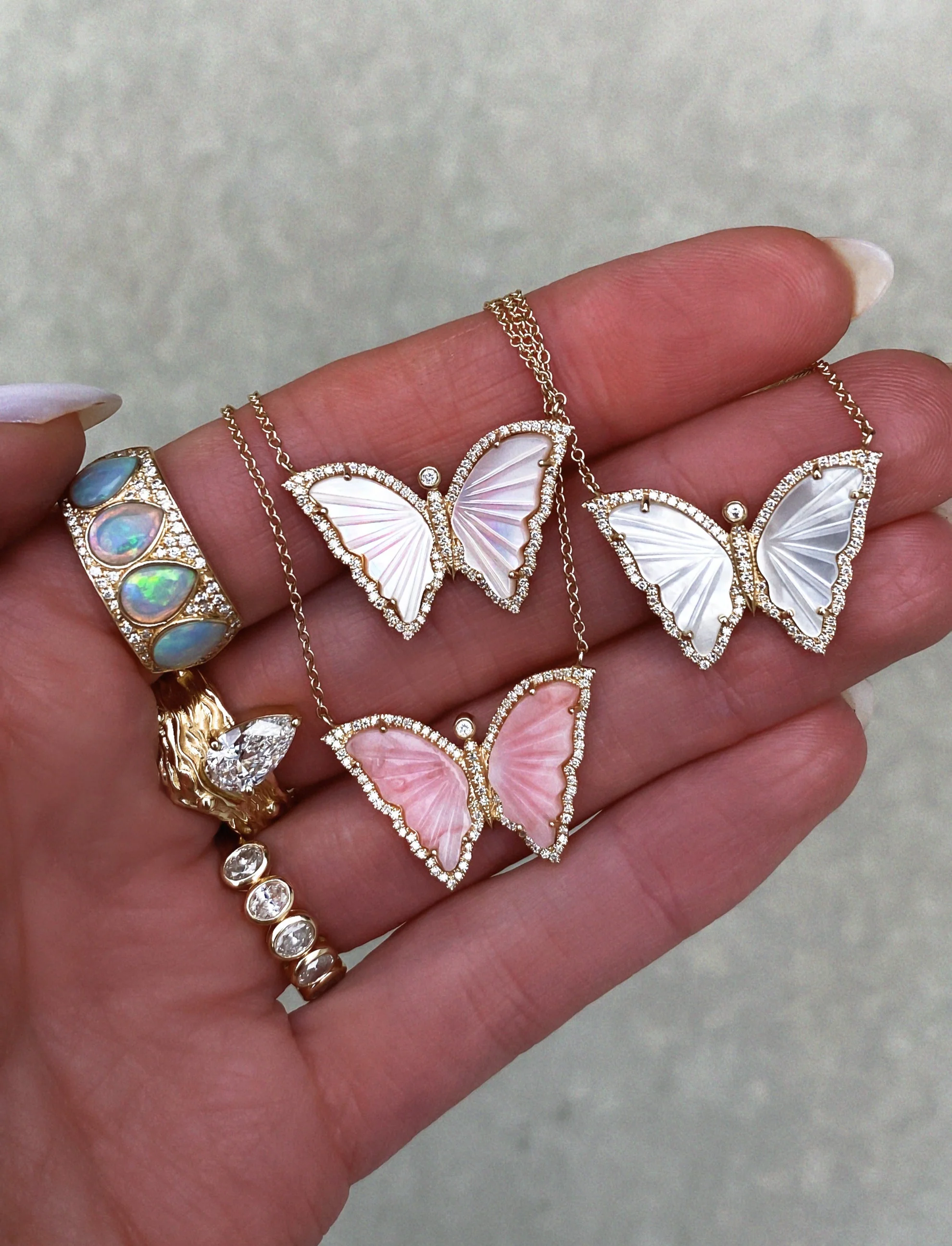 14kt gold and diamond pink opal baby butterfly necklace - Image 4
