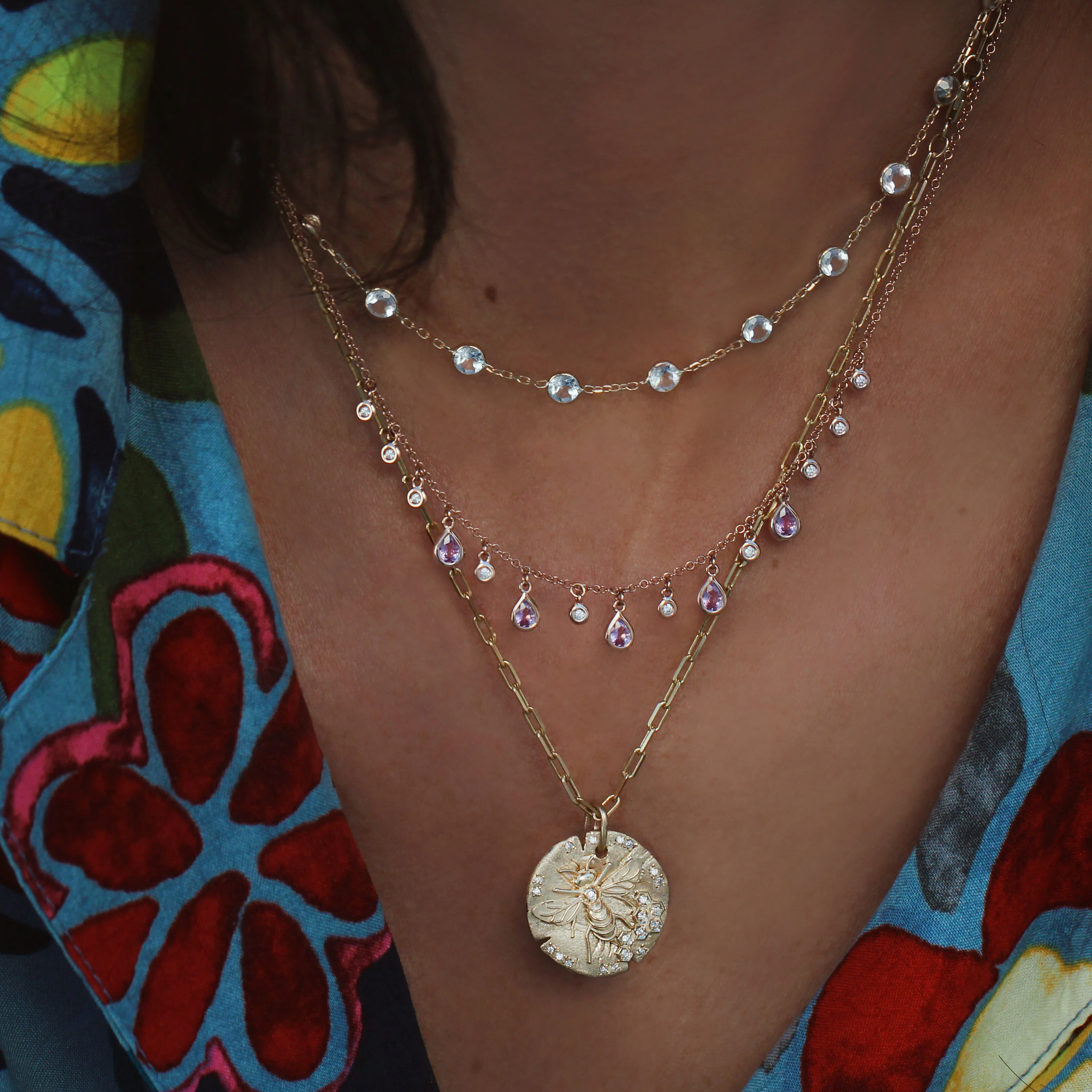 14kt gold and diamond pink sapphire teardrop drip necklace - Image 4