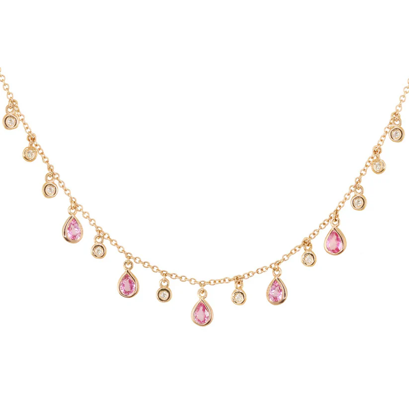 14kt gold and diamond pink sapphire teardrop drip necklace - Image 5