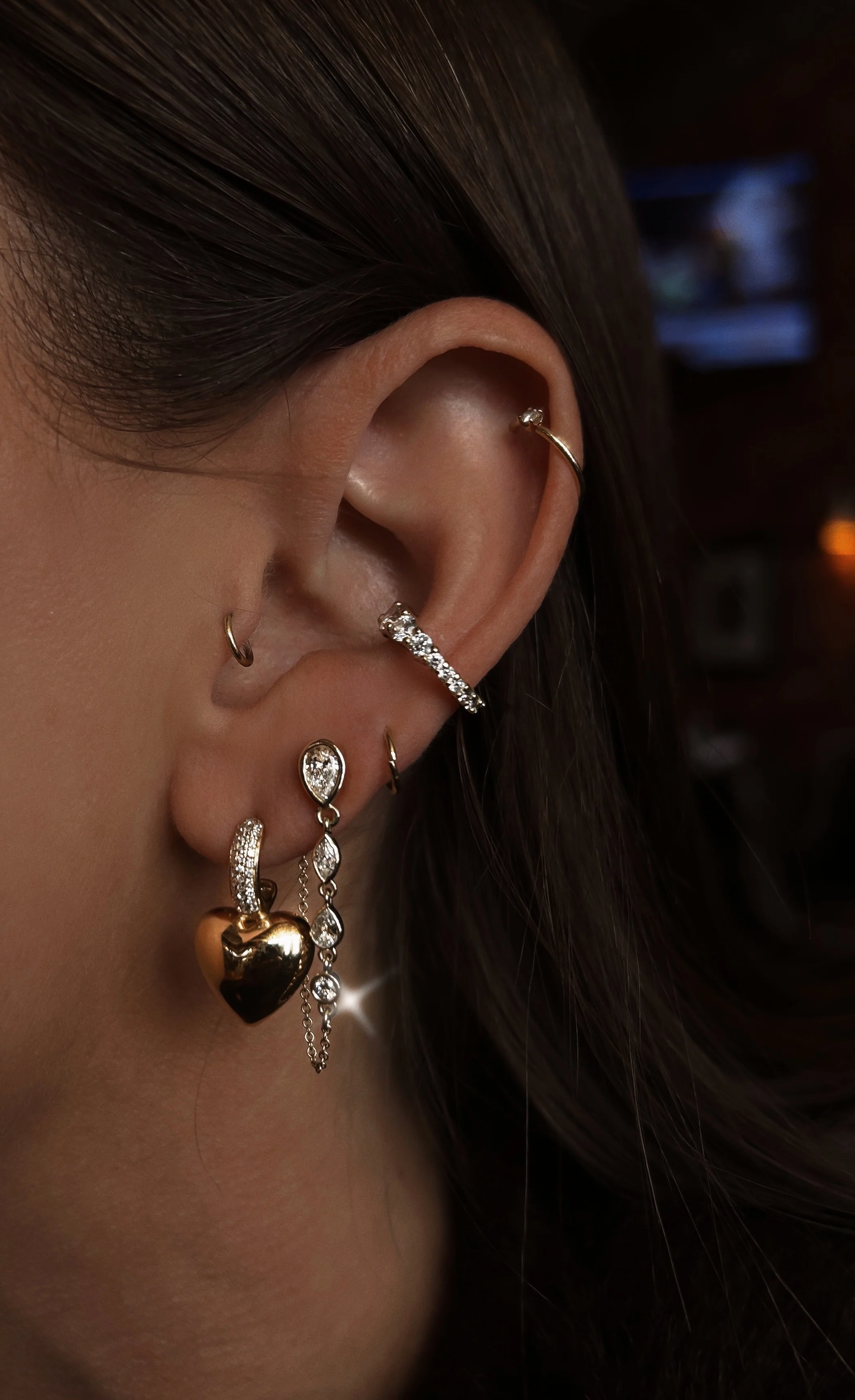 14kt gold and diamond puffed heart drop studs - Image 2