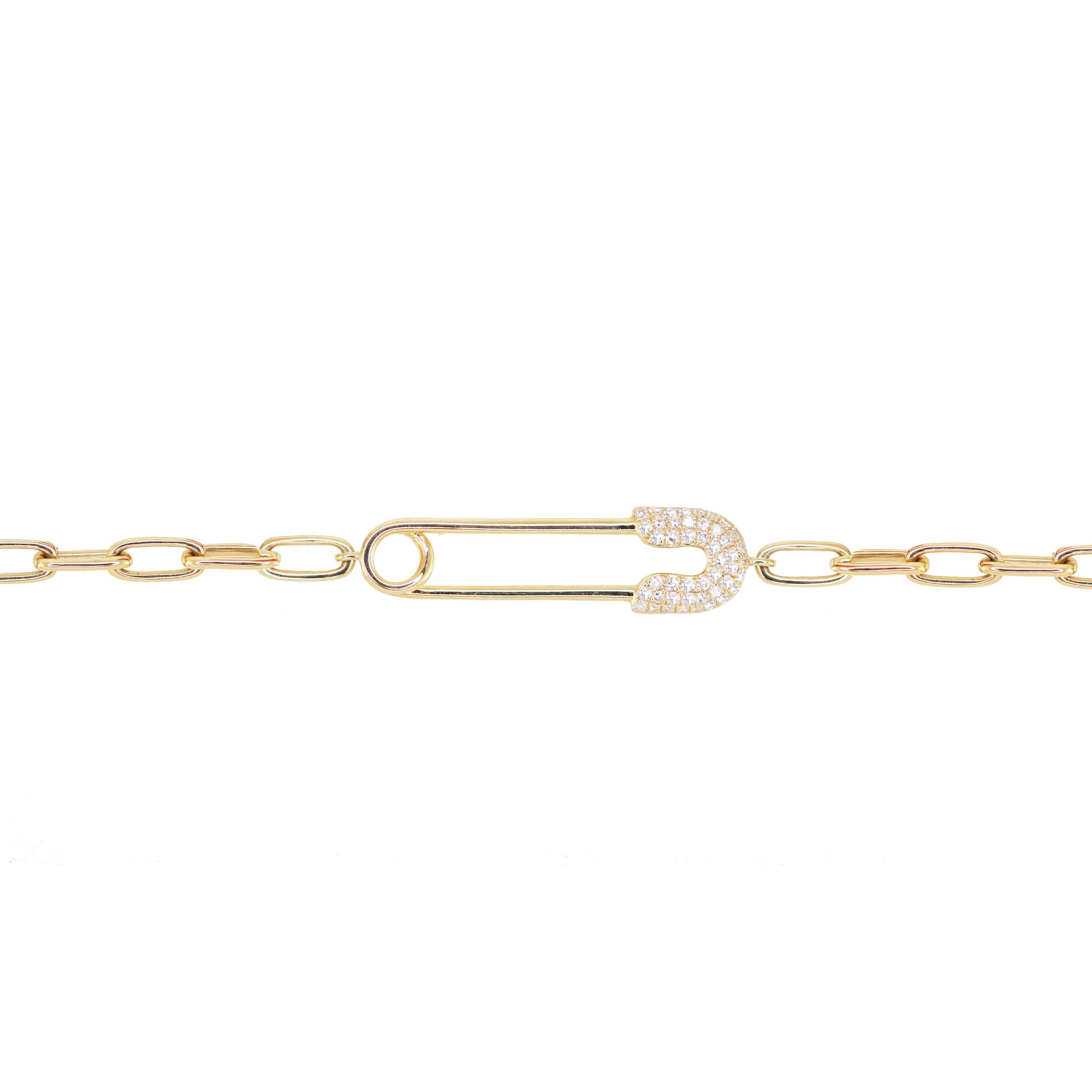 14kt gold and diamond safety pin paperclip chain bracelet
