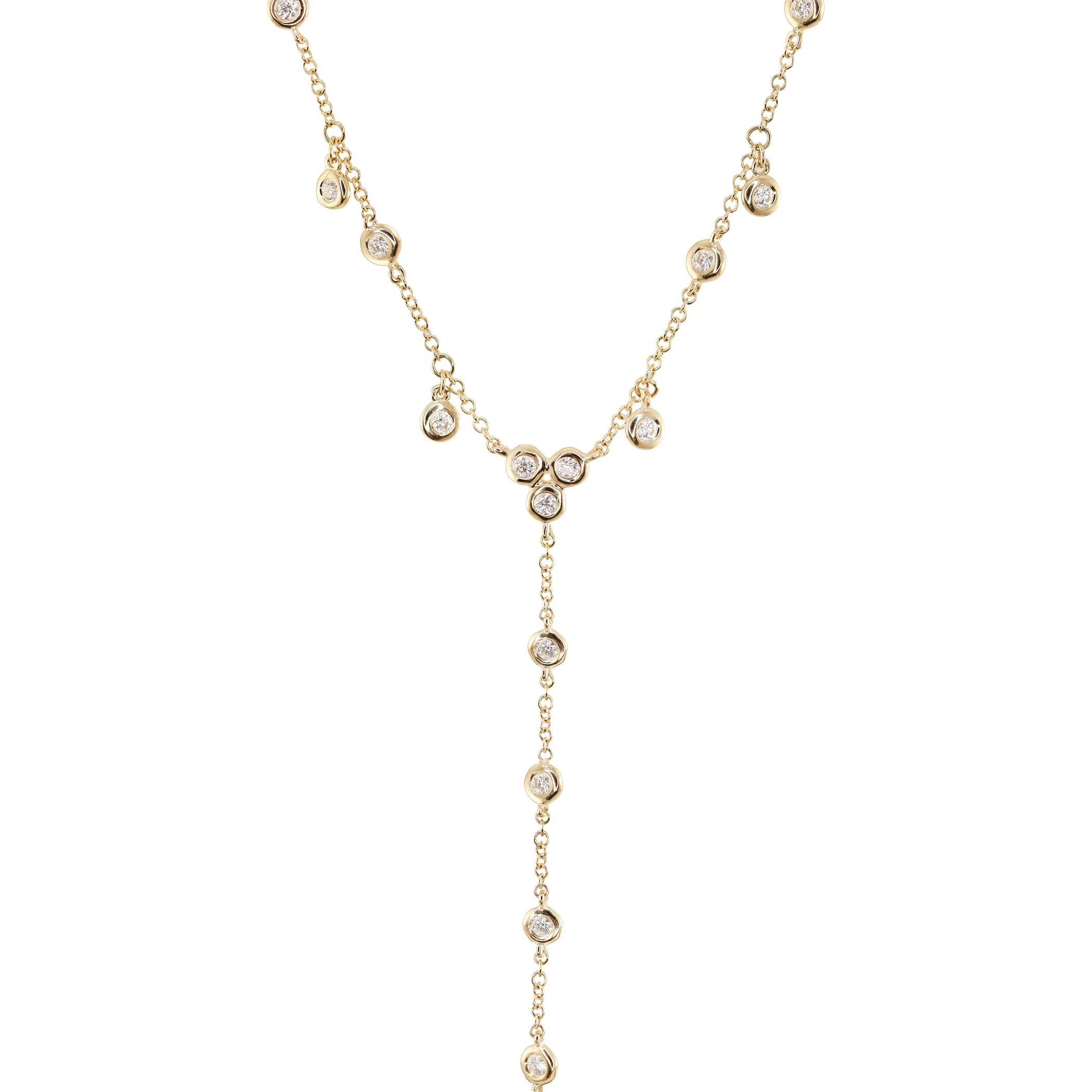 14kt gold single row diamond bezel drip lariat necklace