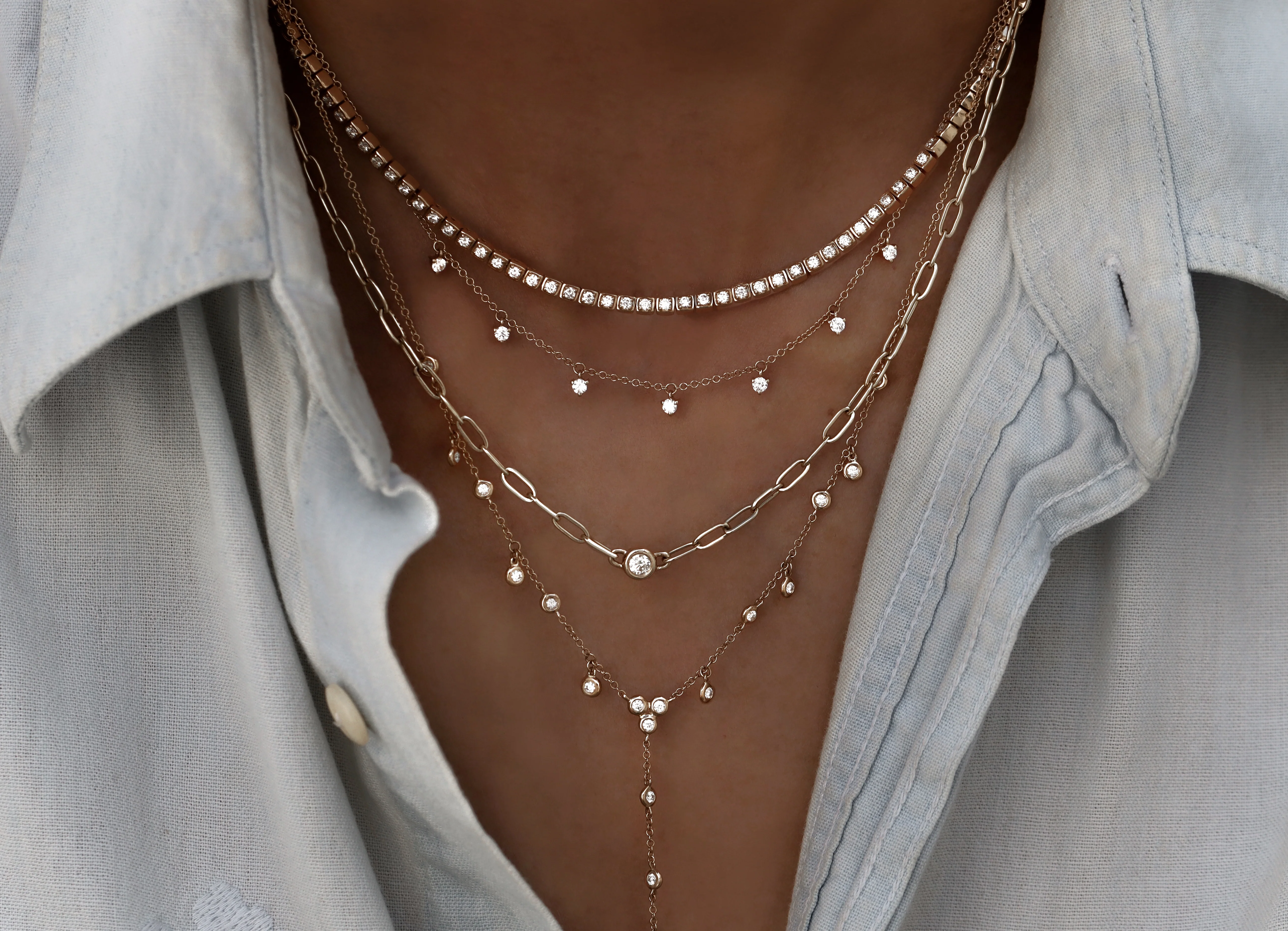 14kt gold single row diamond bezel drip lariat necklace - Image 3