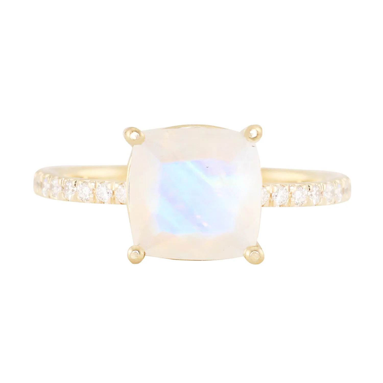 14kt gold and diamond solitaire cushion moonstone eternity ring