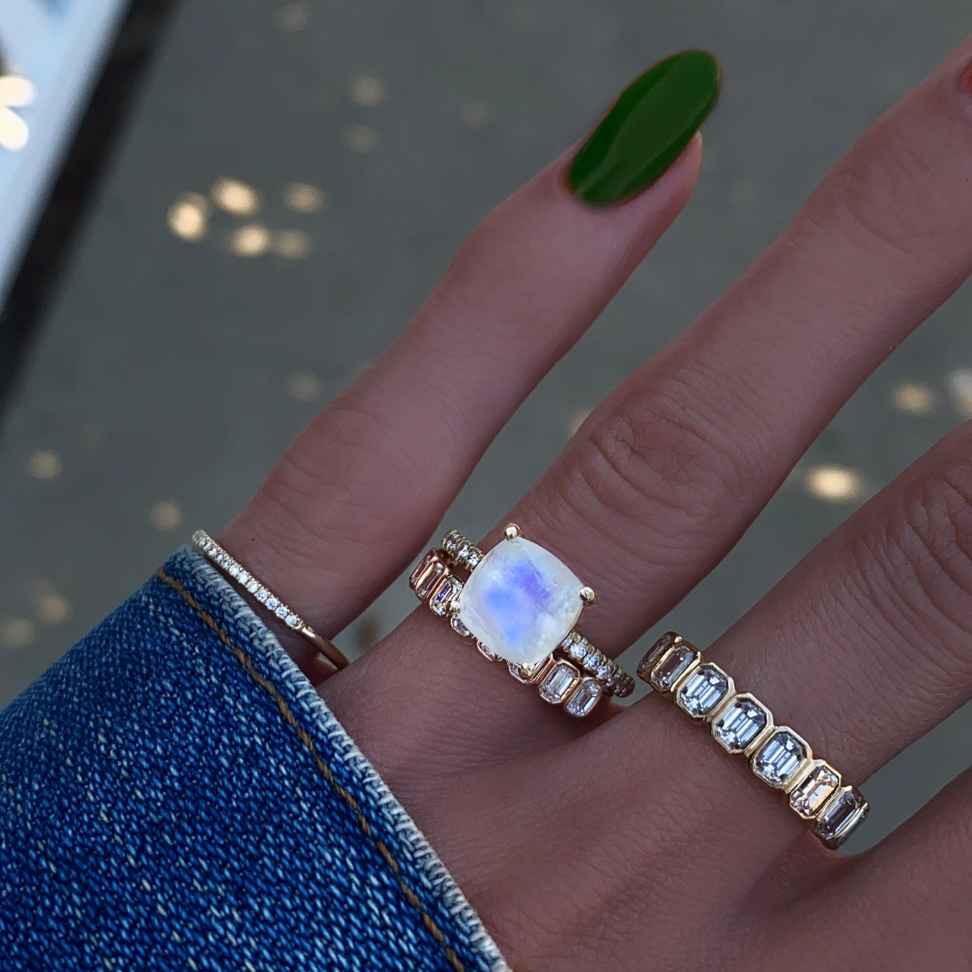 14kt gold and diamond solitaire cushion moonstone eternity ring - Image 2