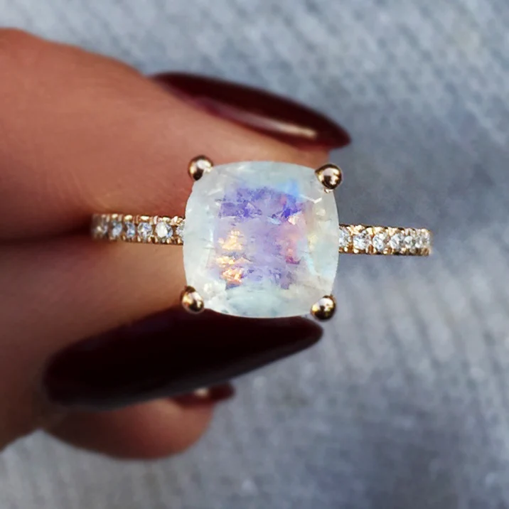 14kt gold and diamond solitaire cushion moonstone eternity ring - Image 3