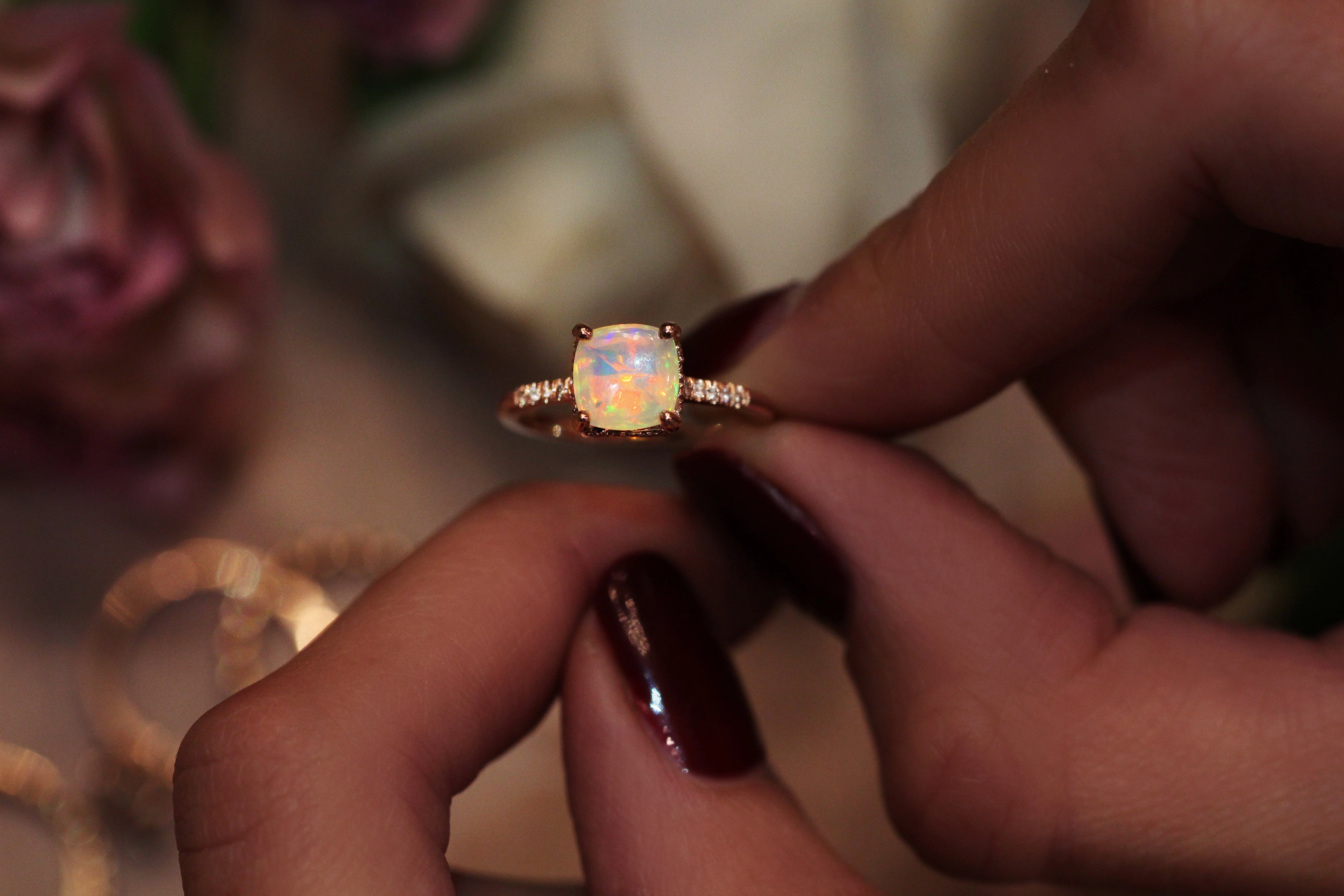 14kt gold and diamond solitaire cushion opal ring - Image 3