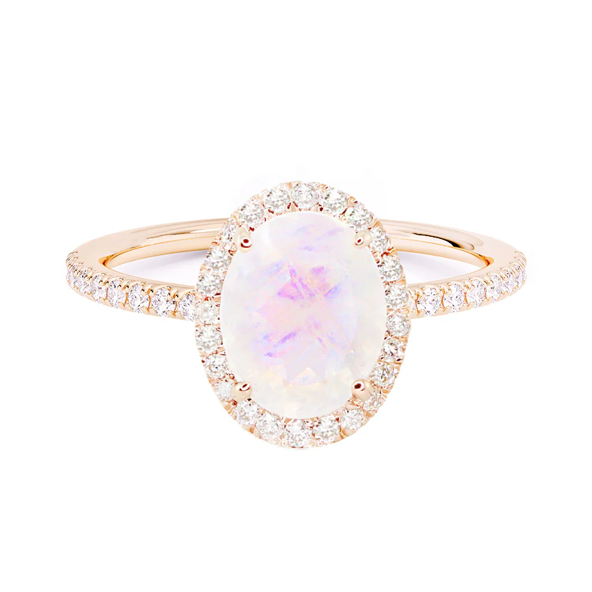 14kt gold and diamond solitaire moonstone eternity ring with halo