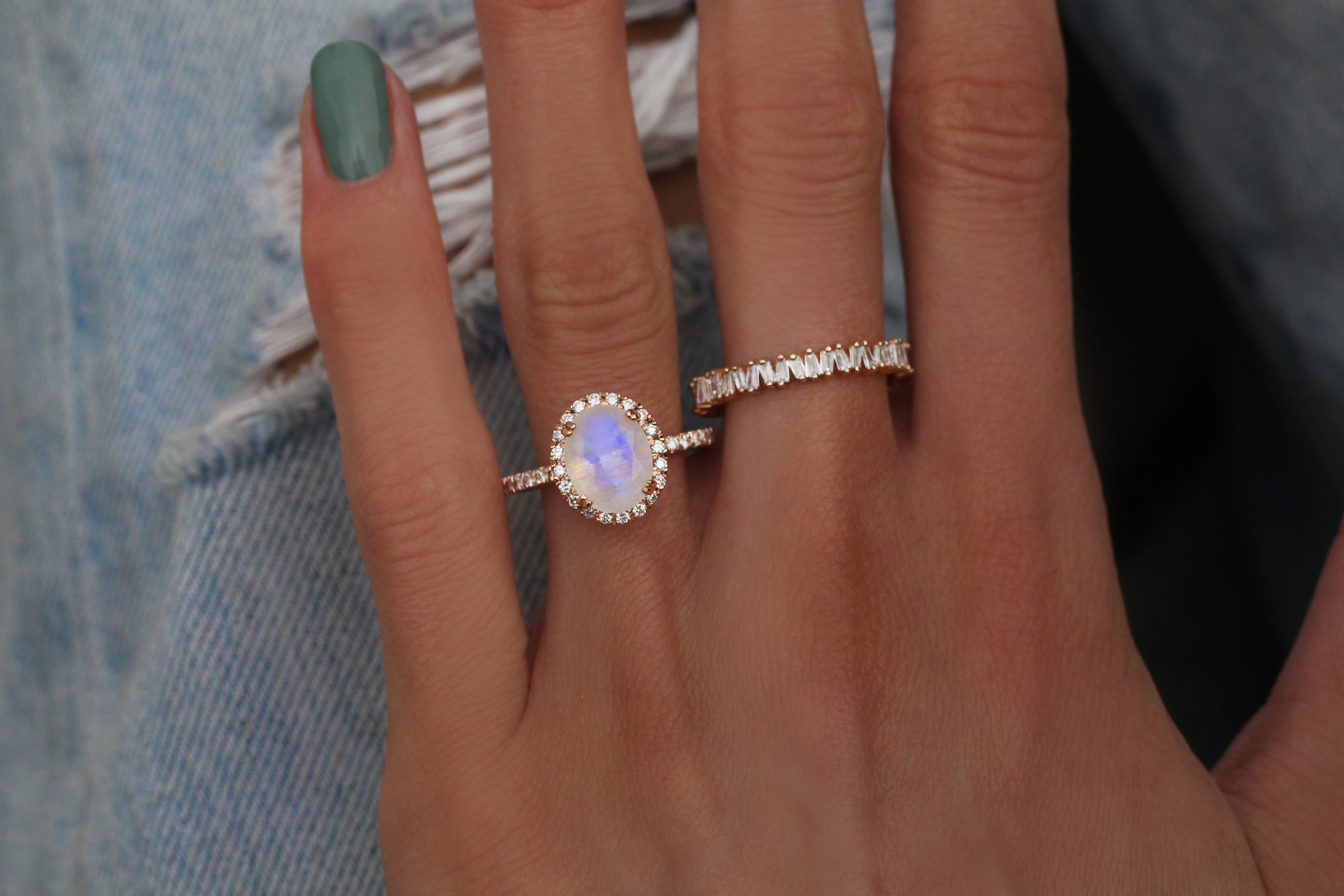 14kt gold and diamond solitaire moonstone eternity ring with halo - Image 2