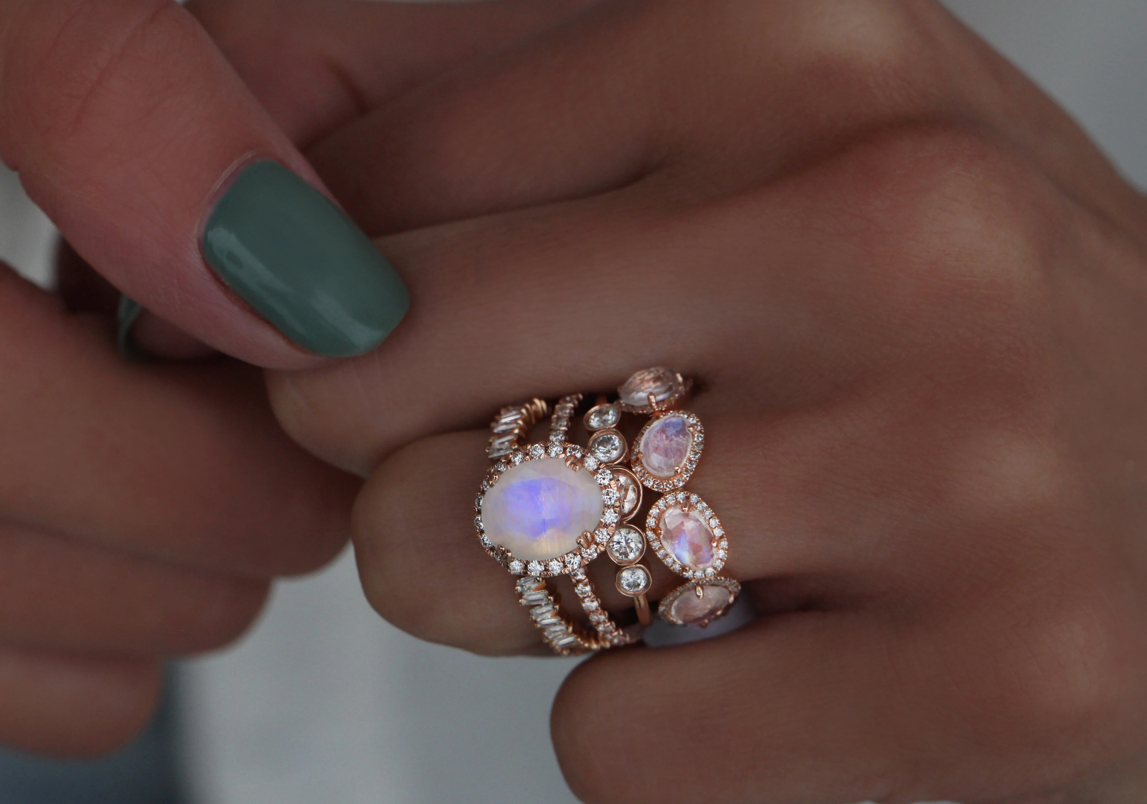 14kt gold and diamond solitaire moonstone eternity ring with halo - Image 3