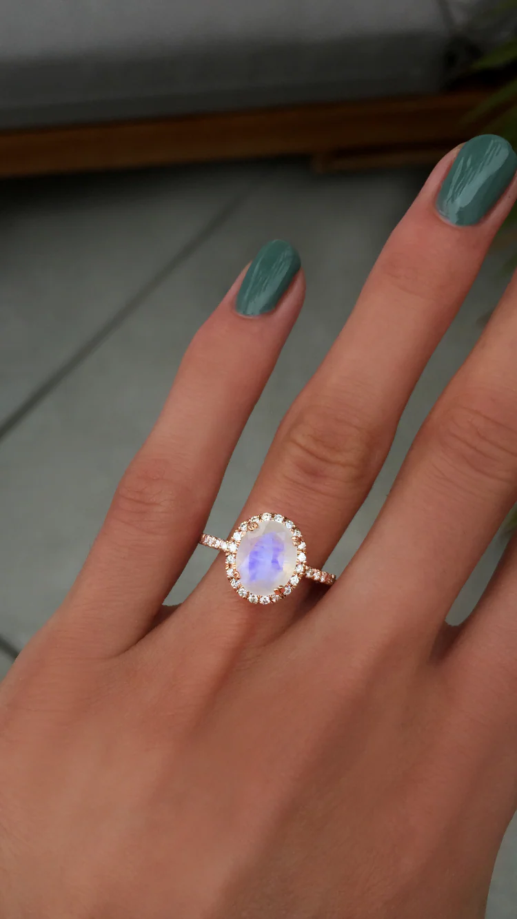14kt gold and diamond solitaire moonstone eternity ring with halo - Image 5