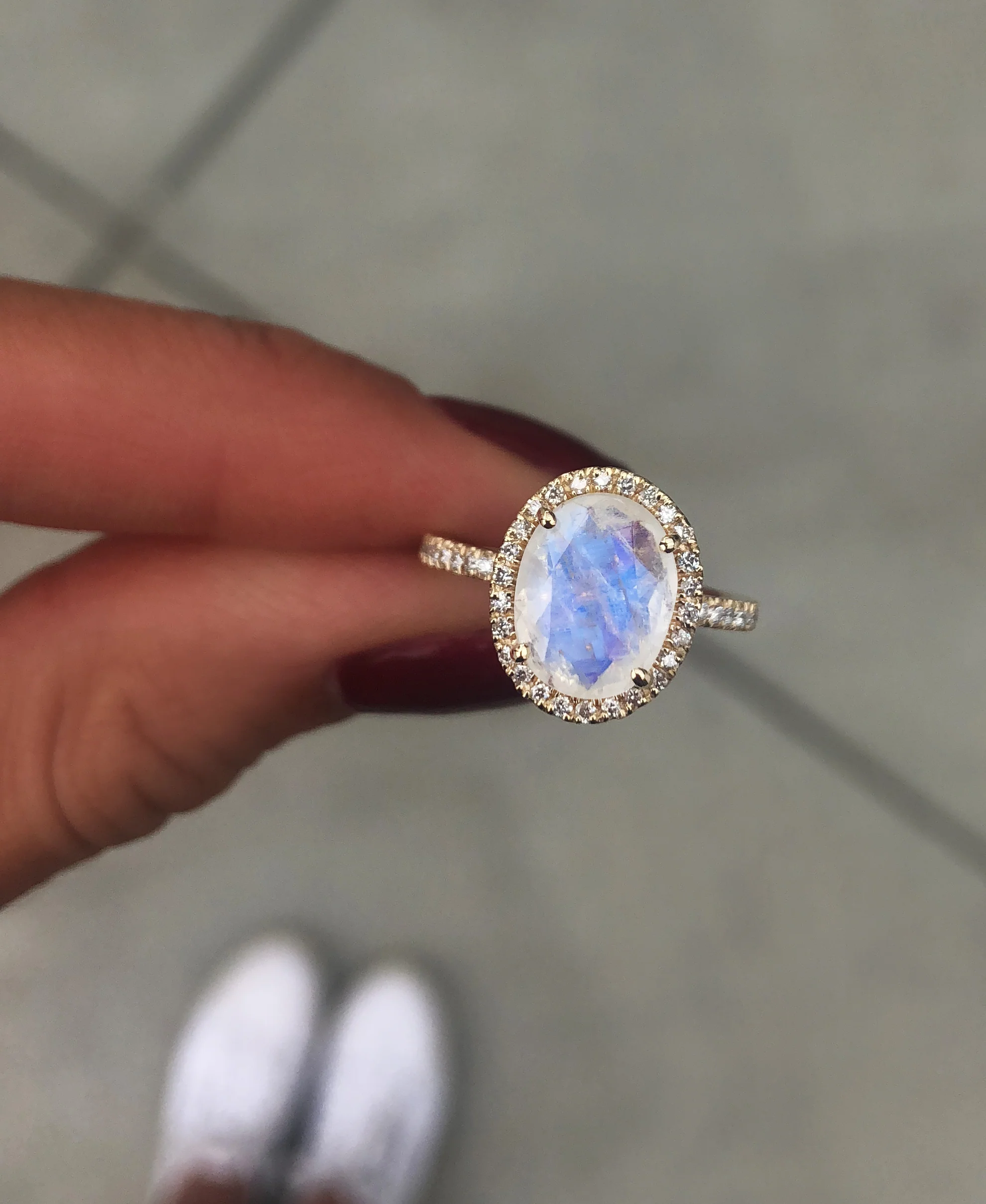 14kt gold and diamond solitaire moonstone eternity ring with halo - Image 6