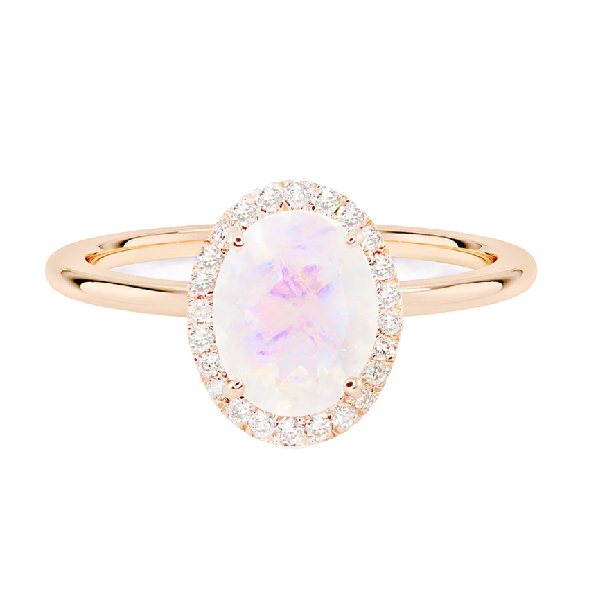 14kt gold and diamond solitaire moonstone ring with halo
