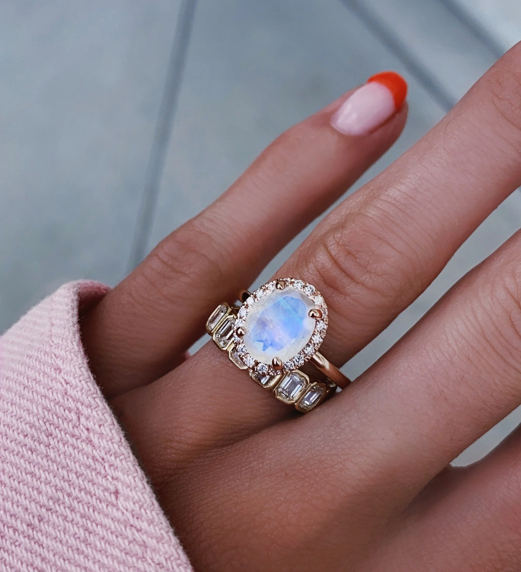 14kt gold and diamond solitaire moonstone ring with halo - Image 2