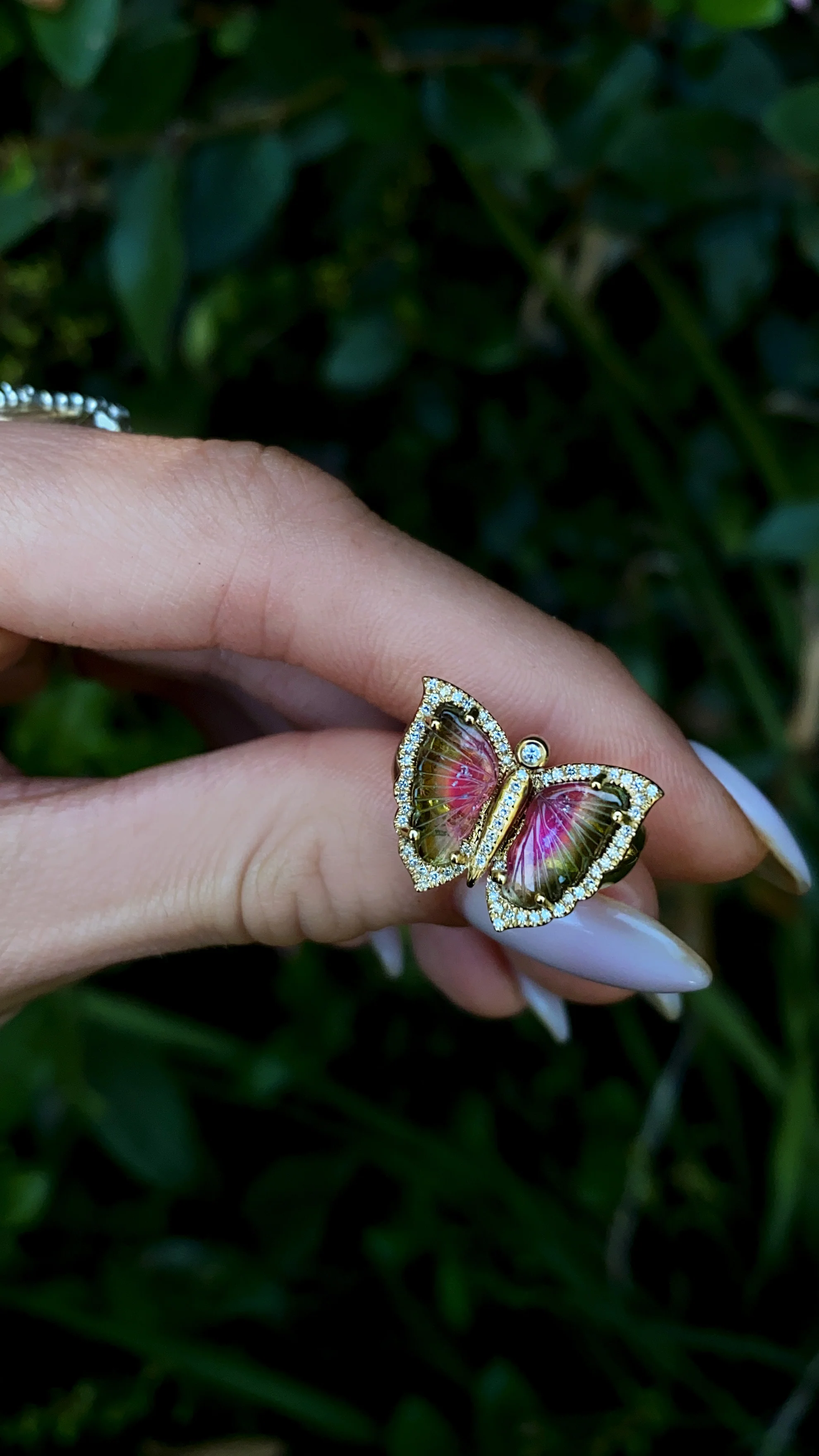 14kt gold and diamond watermelon tourmaline butterfly ring - Image 3
