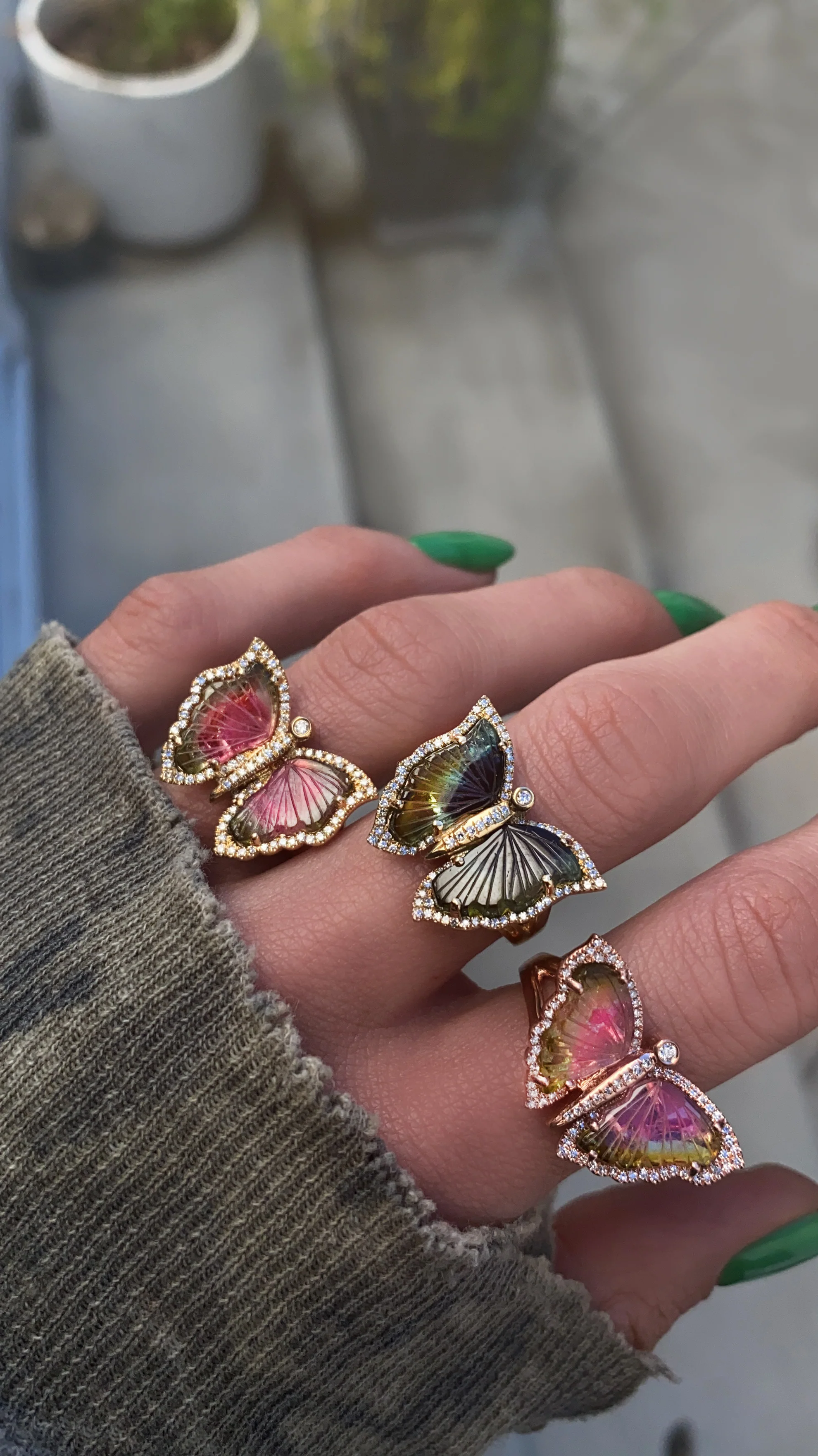 14kt gold and diamond watermelon tourmaline butterfly ring - Image 4