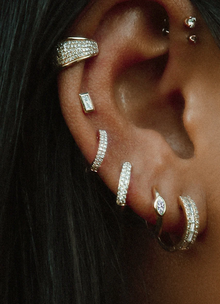 14kt gold and double diamond row mini hoop earrings - Image 3