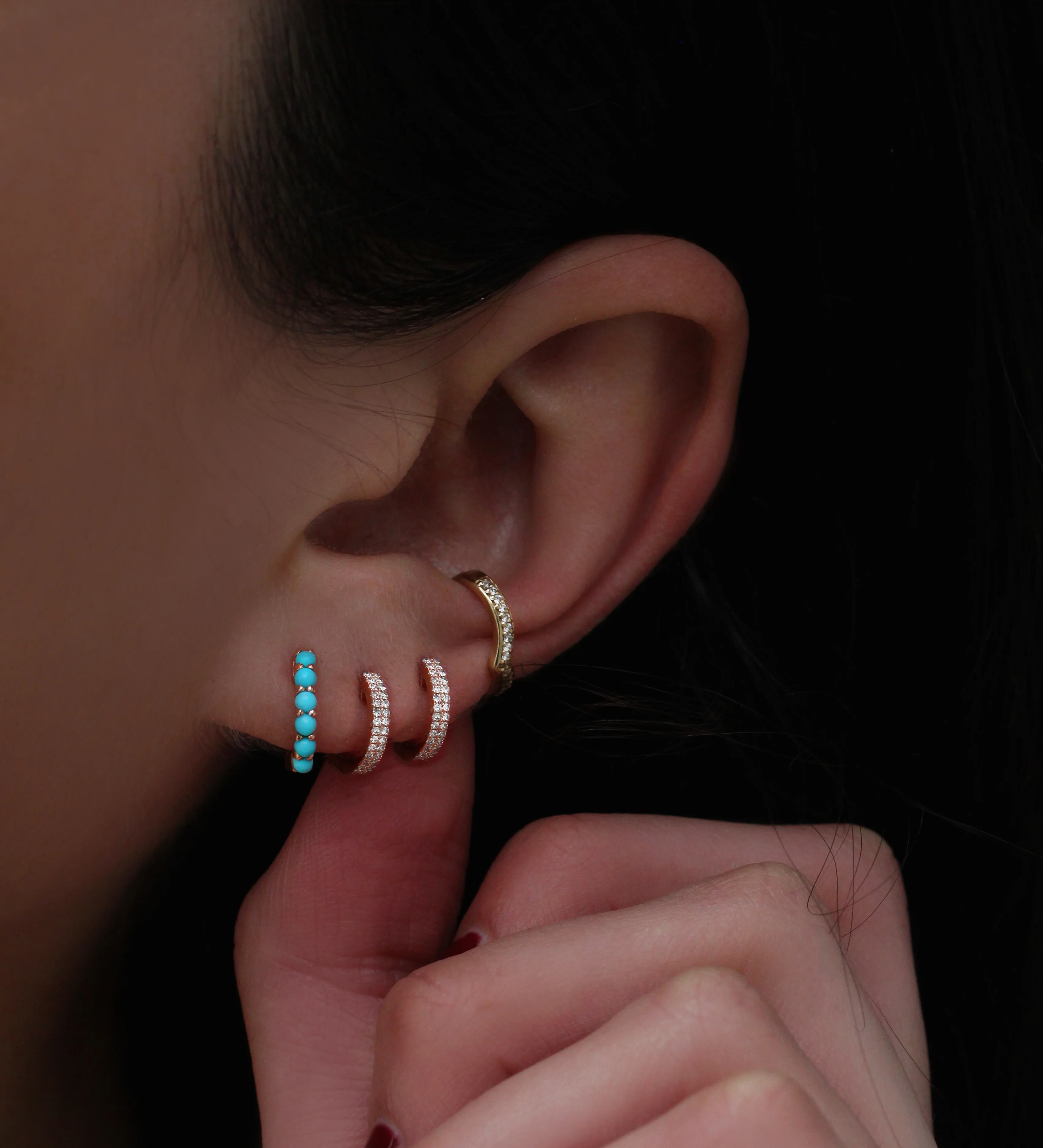 14kt gold and double diamond row mini hoop earrings - Image 4