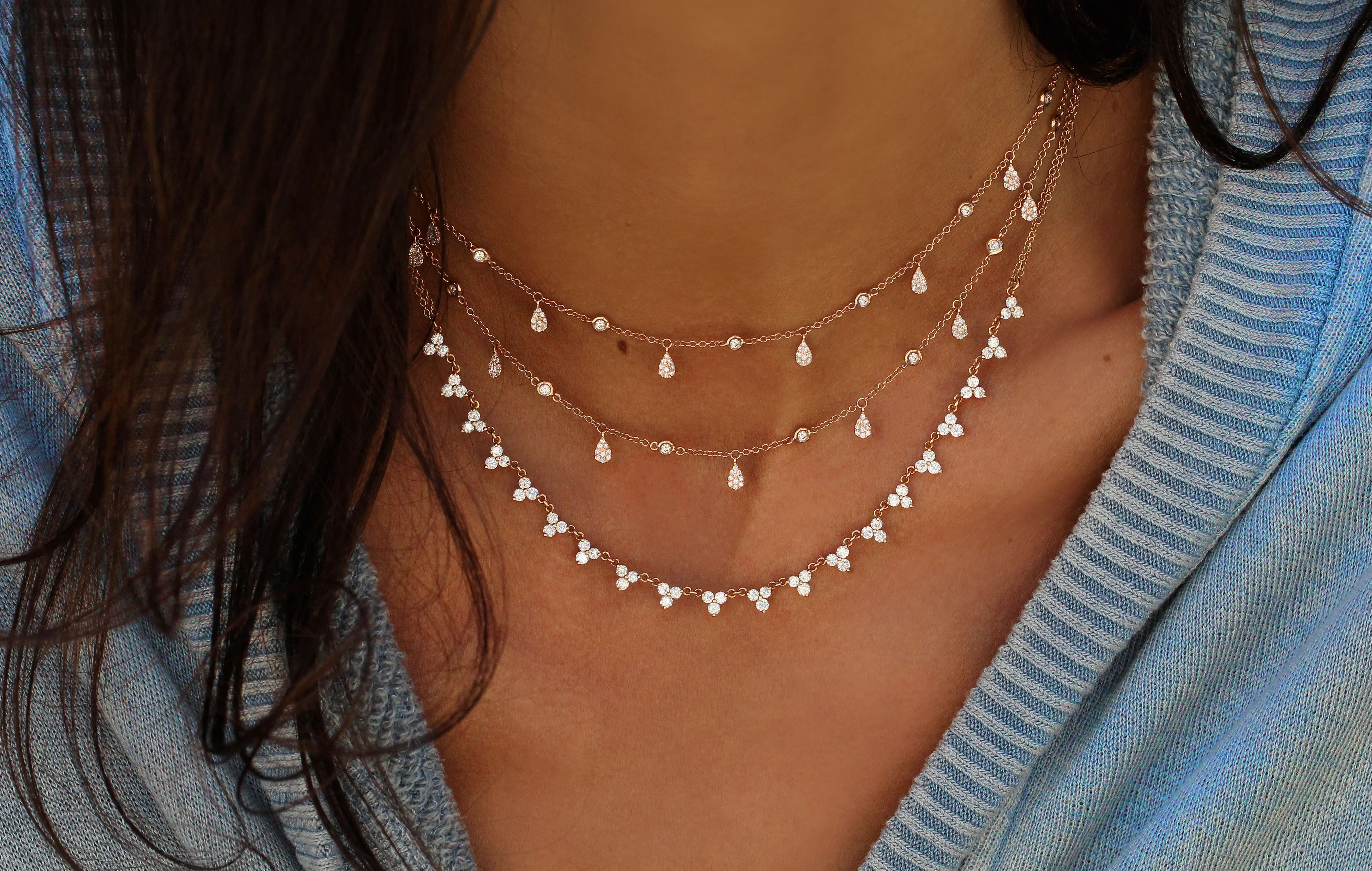 14kt gold and full three diamond cluster necklace - Image 2